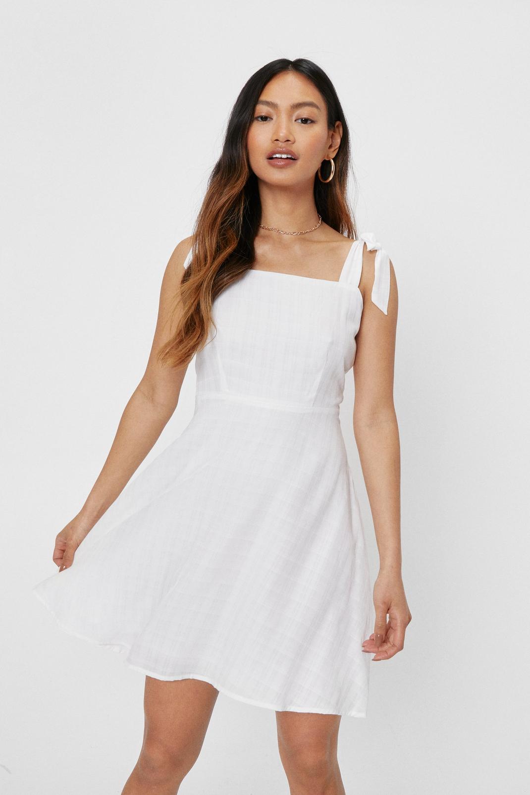 White Petite Tie Shoulder Check Design Mini Dress image number 1