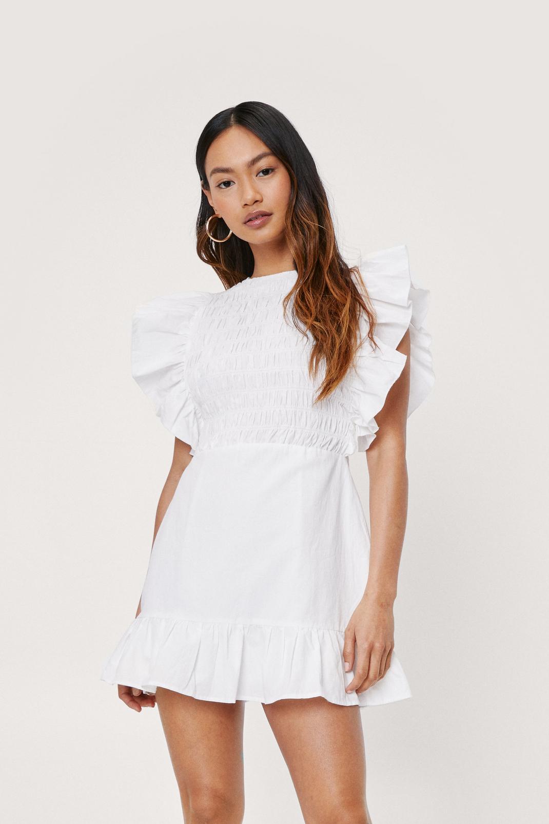 White Petite Shirred Ruffle Mini Dress image number 1