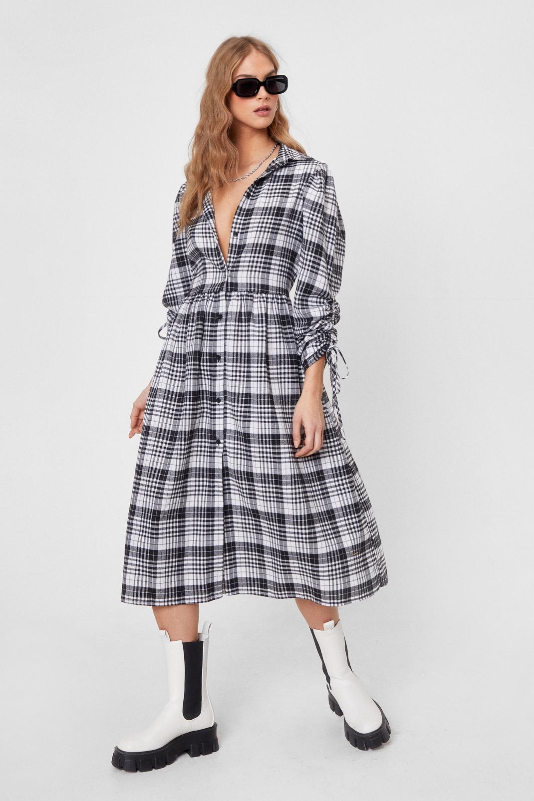 White Ruched Sleeve Check Midi Shirt Dress image number 1