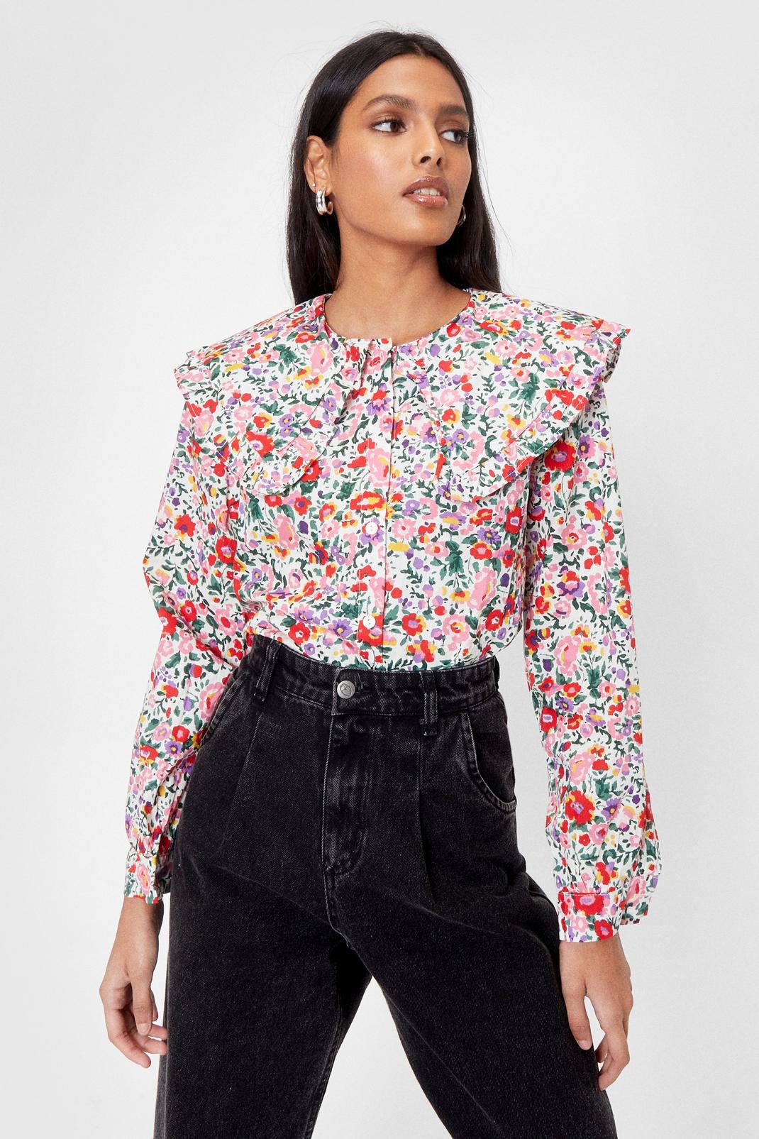 White Floral Oversized Collar Button Up Blouse image number 1
