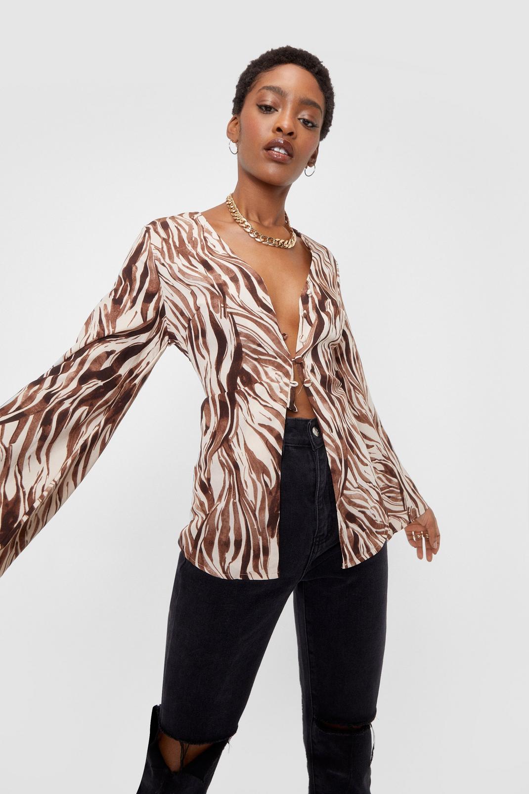 Brown We're Your Wild Card Zebra Open Front Blouse image number 1