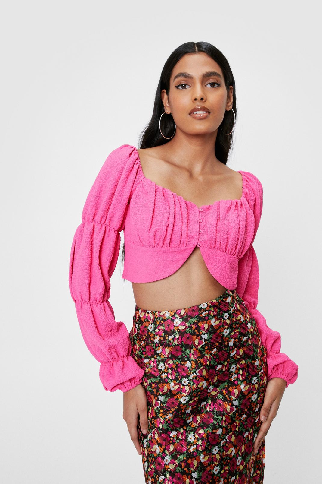 Pink Puff Sleeve Curved Hem Cropped Blouse image number 1