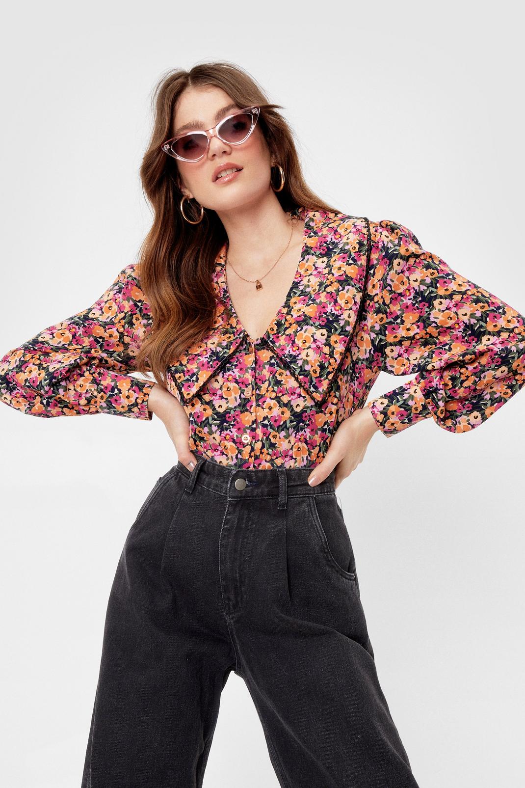 Orange I Grow You Want Me Floral Collar Blouse image number 1