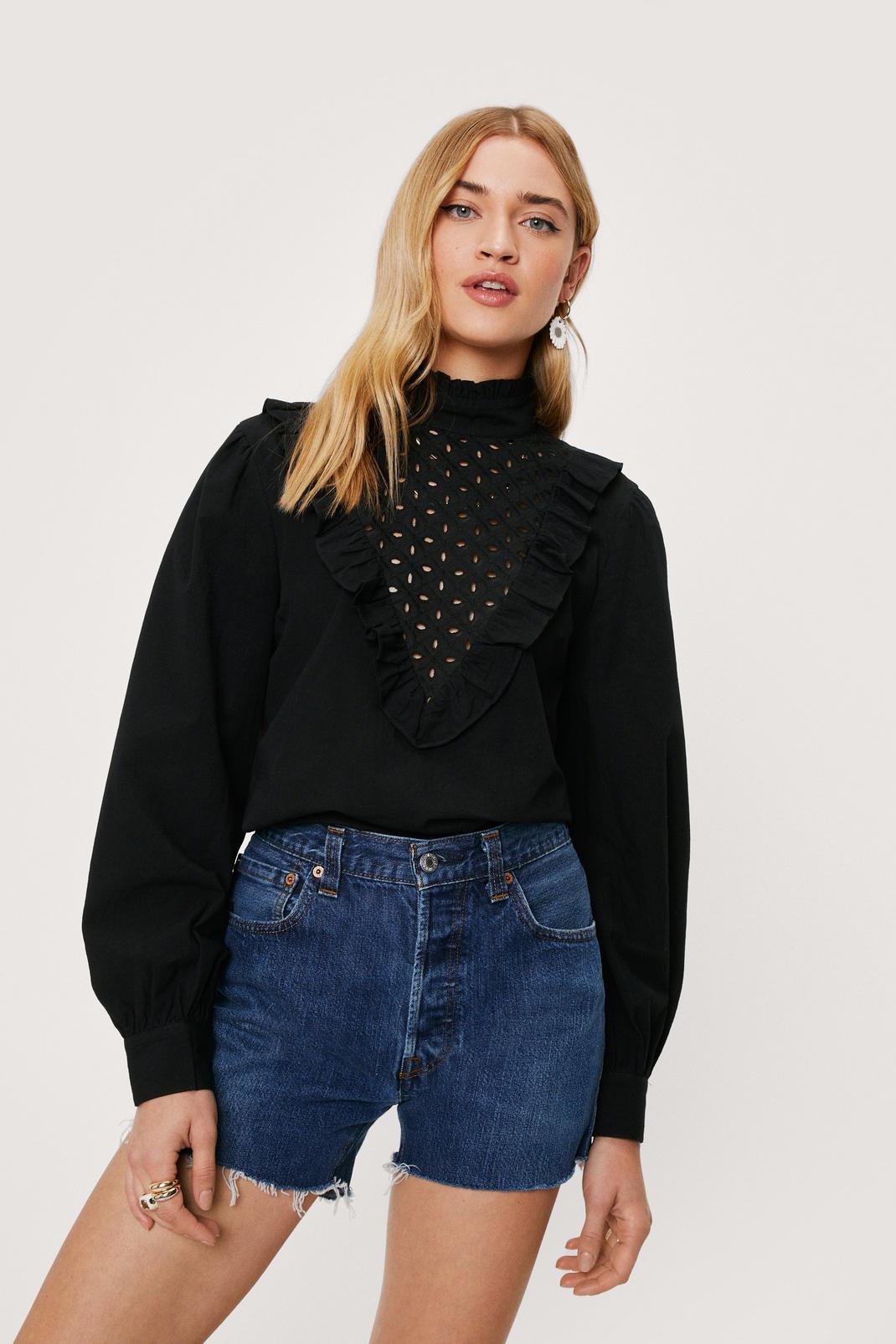 Black Broderie Anglaise High Neck Blouse image number 1