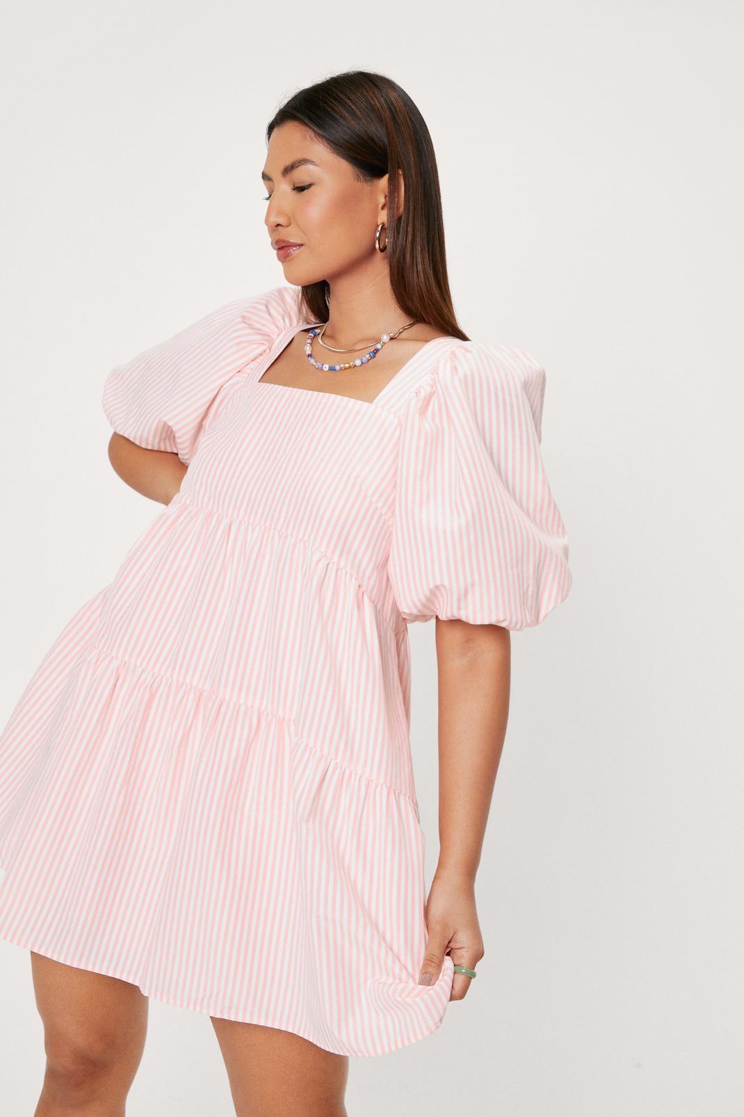 Baby pink Striped Puff Sleeve Oversized Mini Dress image number 1