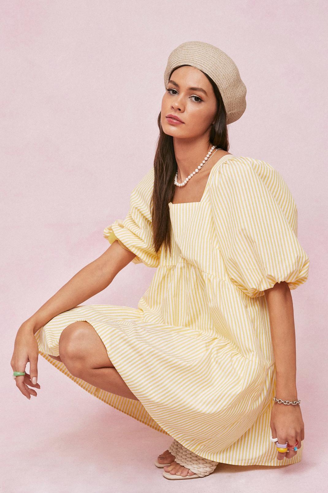 Lemon Striped Puff Sleeve Oversized Mini Dress image number 1