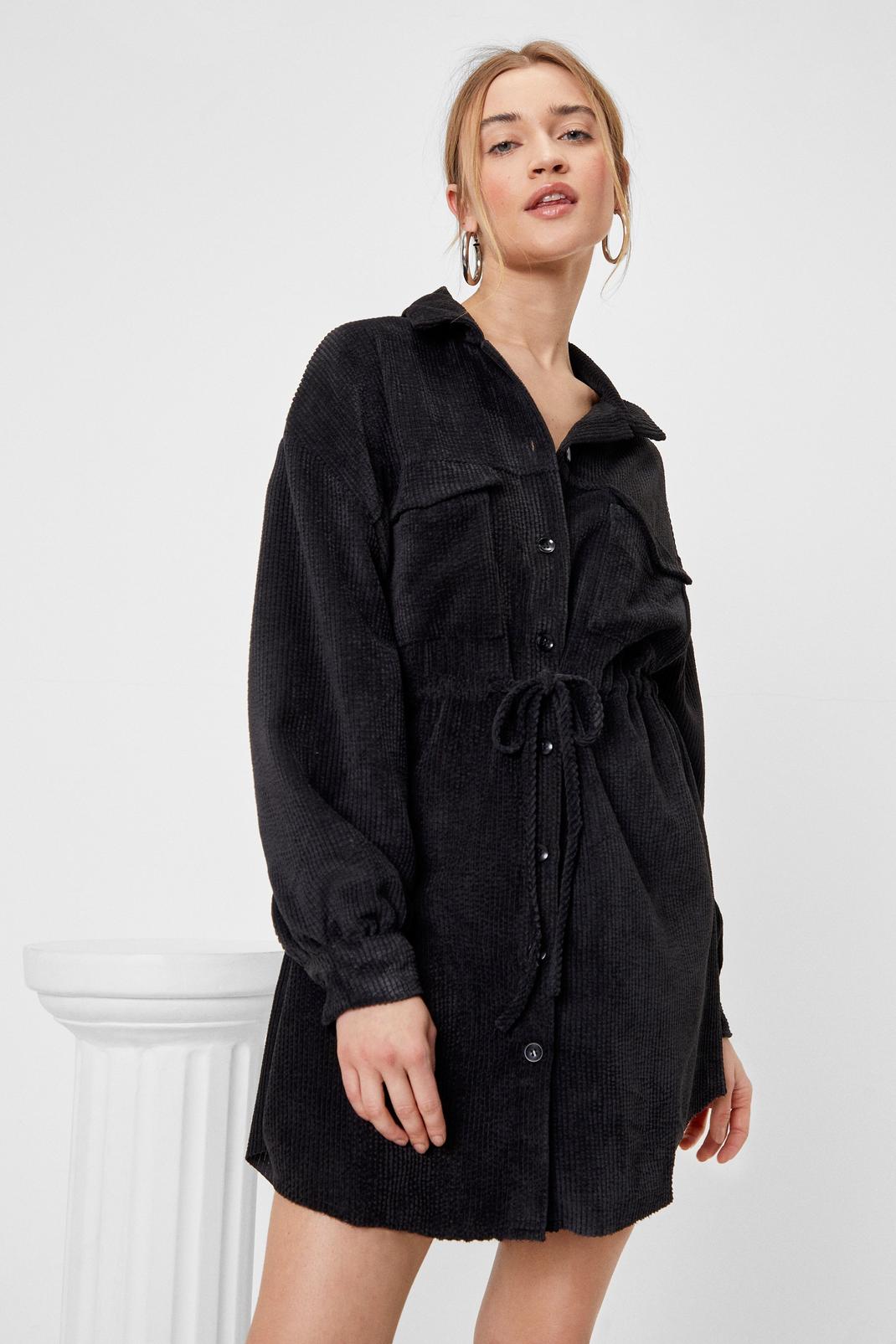 Black Play the Right Cords Drawstring Shirt Dress image number 1