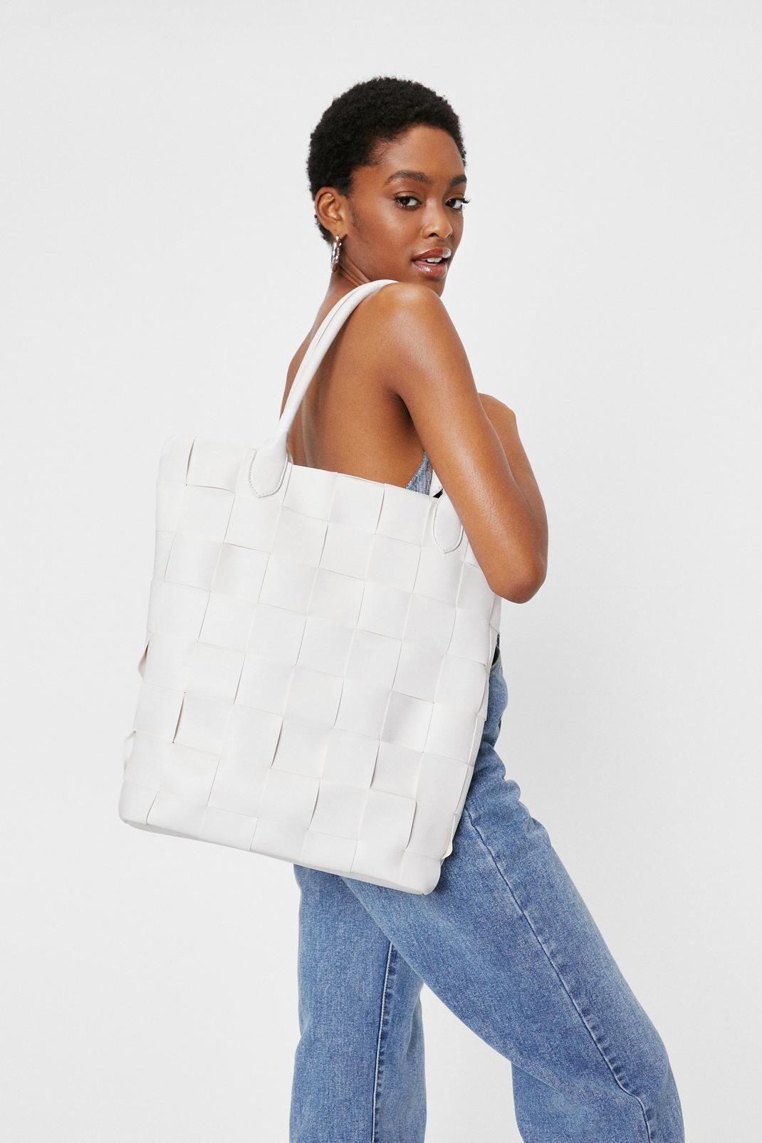 White Faux Leather Woven Hatch Bag image number 1