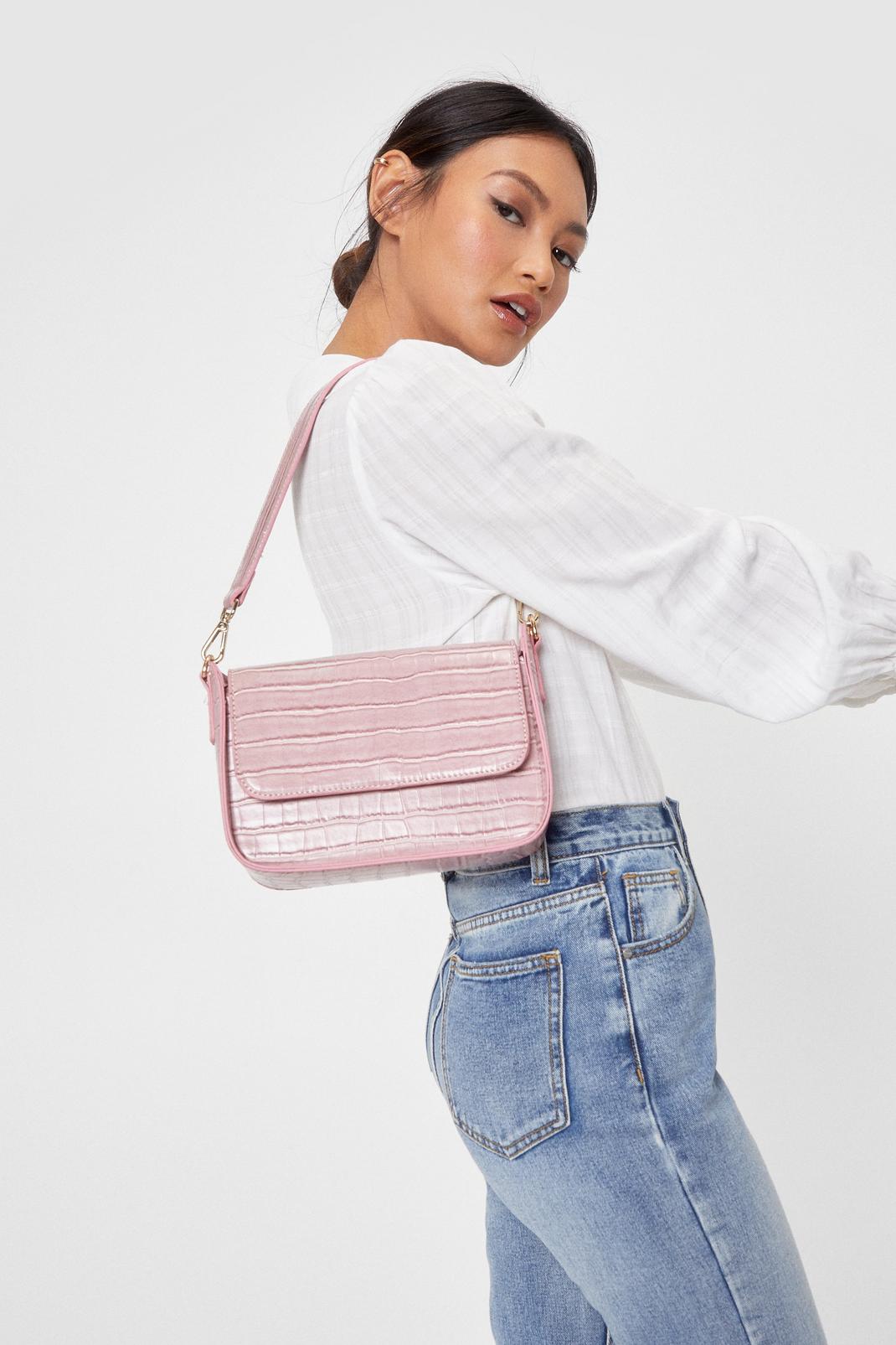 Pink Faux Leather Croc Box Shoulder Bag image number 1