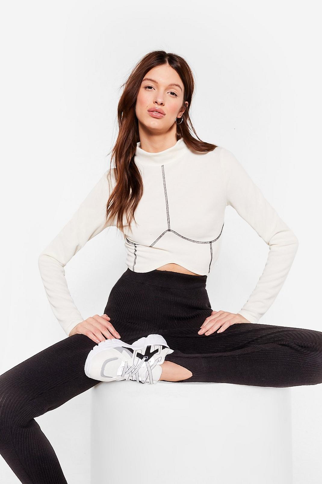 Ecru Stretchy Long Sleeve Workout Crop Top image number 1