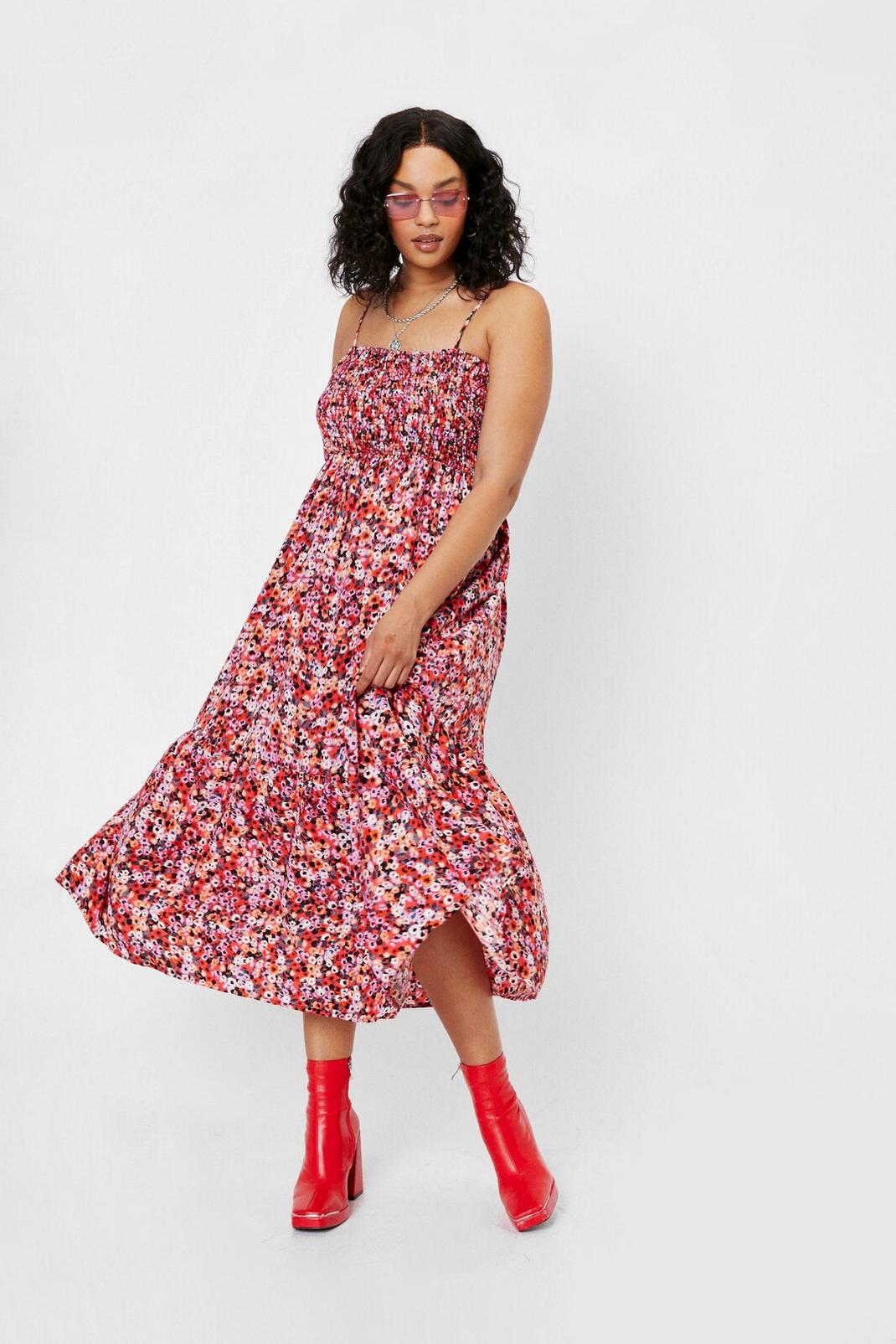 Red Plus Size Shirred Floral Print Midi Dress image number 1