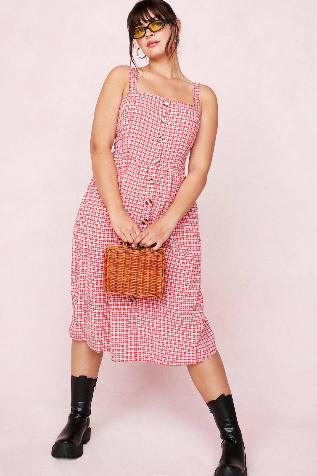 Red Plus Size Button Down Gingham Midi Dress image number 1
