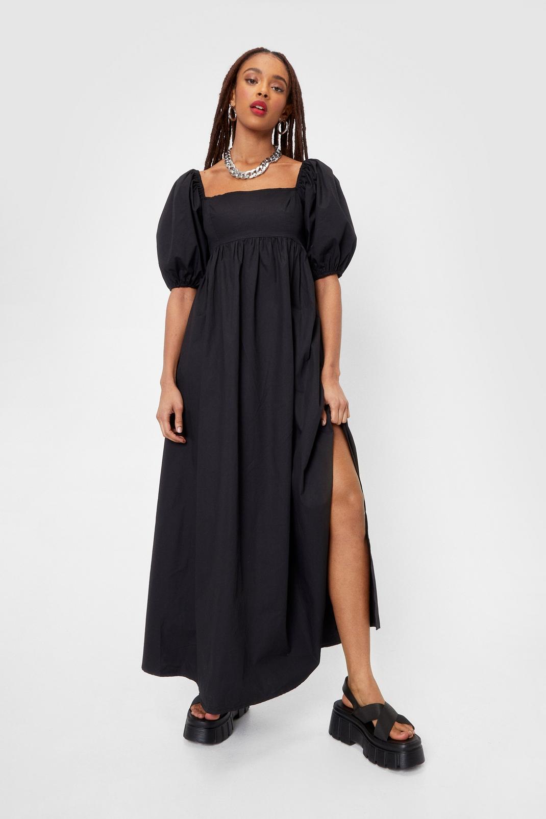 Black Shirred Puff Sleeve Square Neck Maxi Dress image number 1