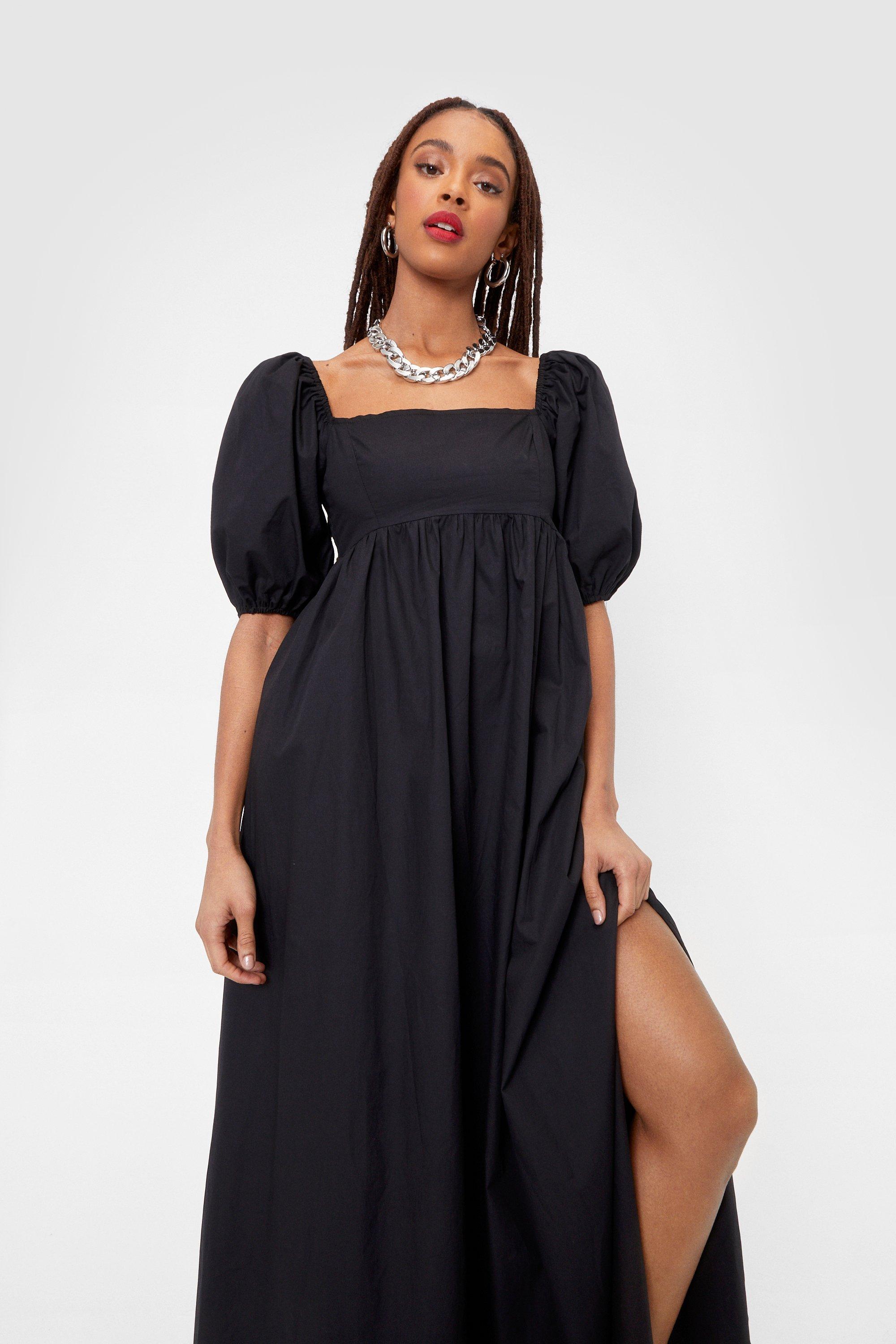 Shirred Puff Sleeve Square Neck Maxi Dress