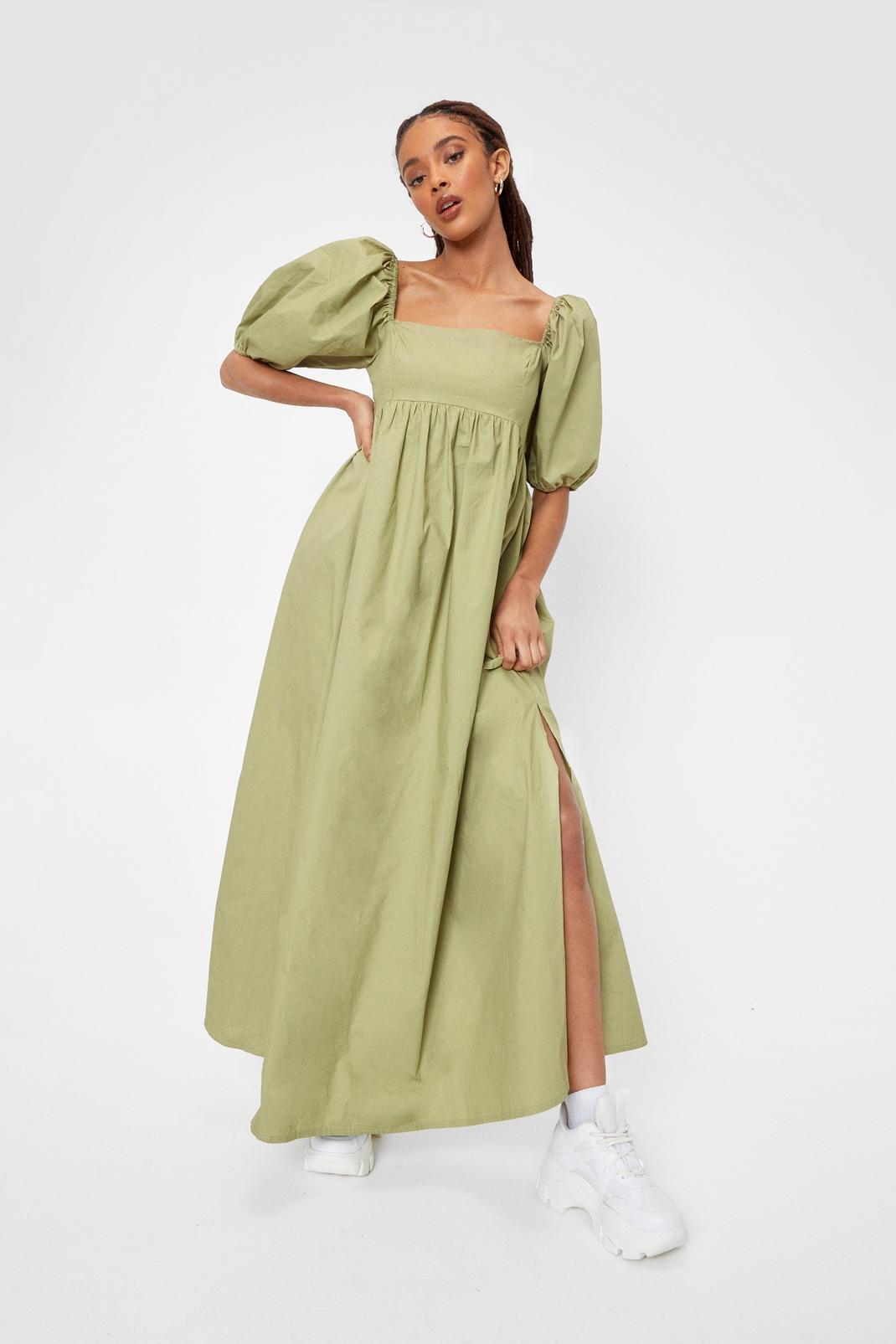 Olive Shirred Puff Sleeve Square Neck Maxi Dress image number 1