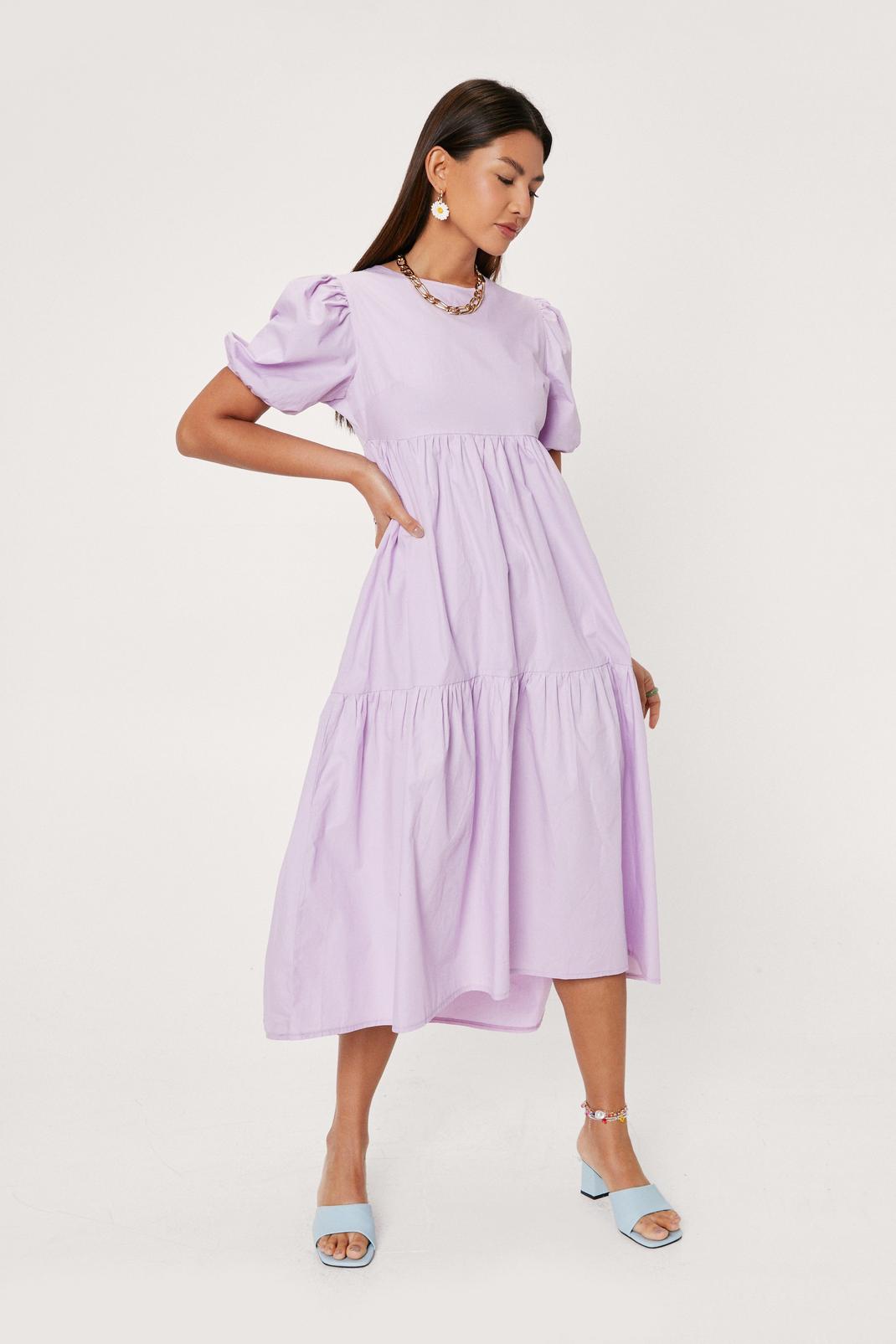 Lilac High Neck Puff Sleeve Tiered Midi Dress image number 1