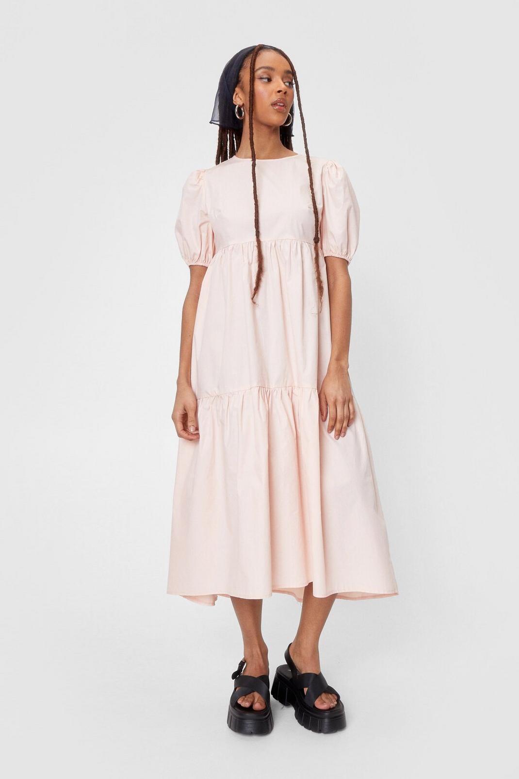 Soft pink High Neck Puff Sleeve Tiered Midi Dress image number 1