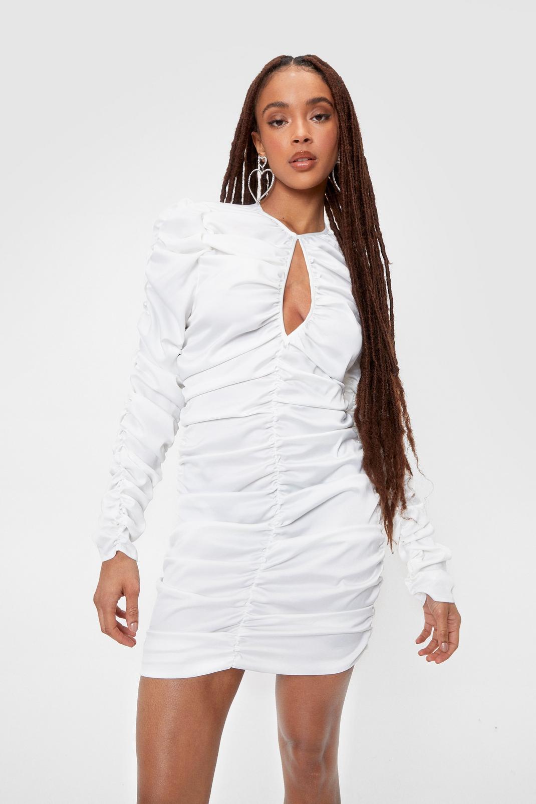 White Satin Ruched Bodycon Mini Dress image number 1