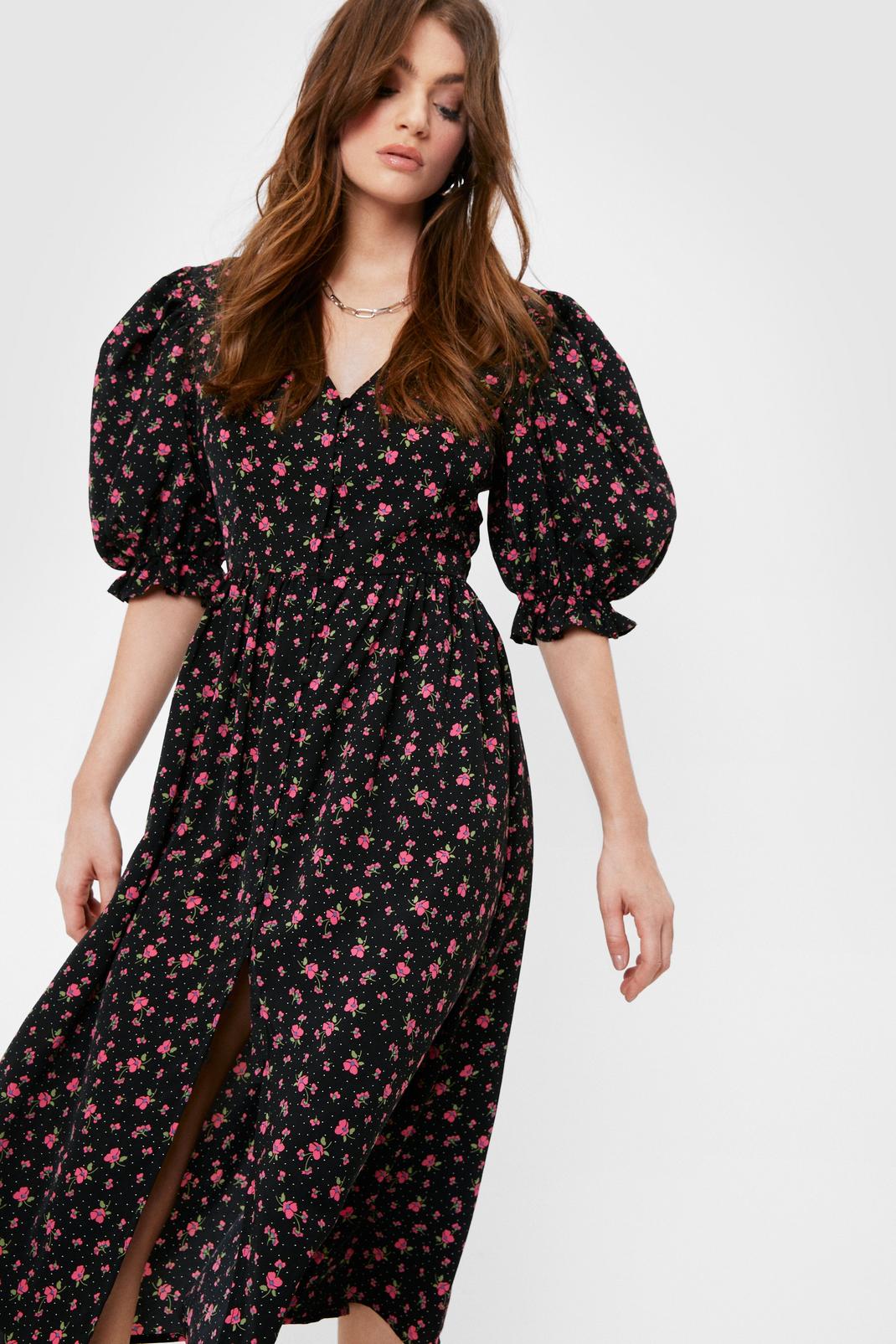 Black Puff Sleeve Relaxed Floral Midi Dress image number 1