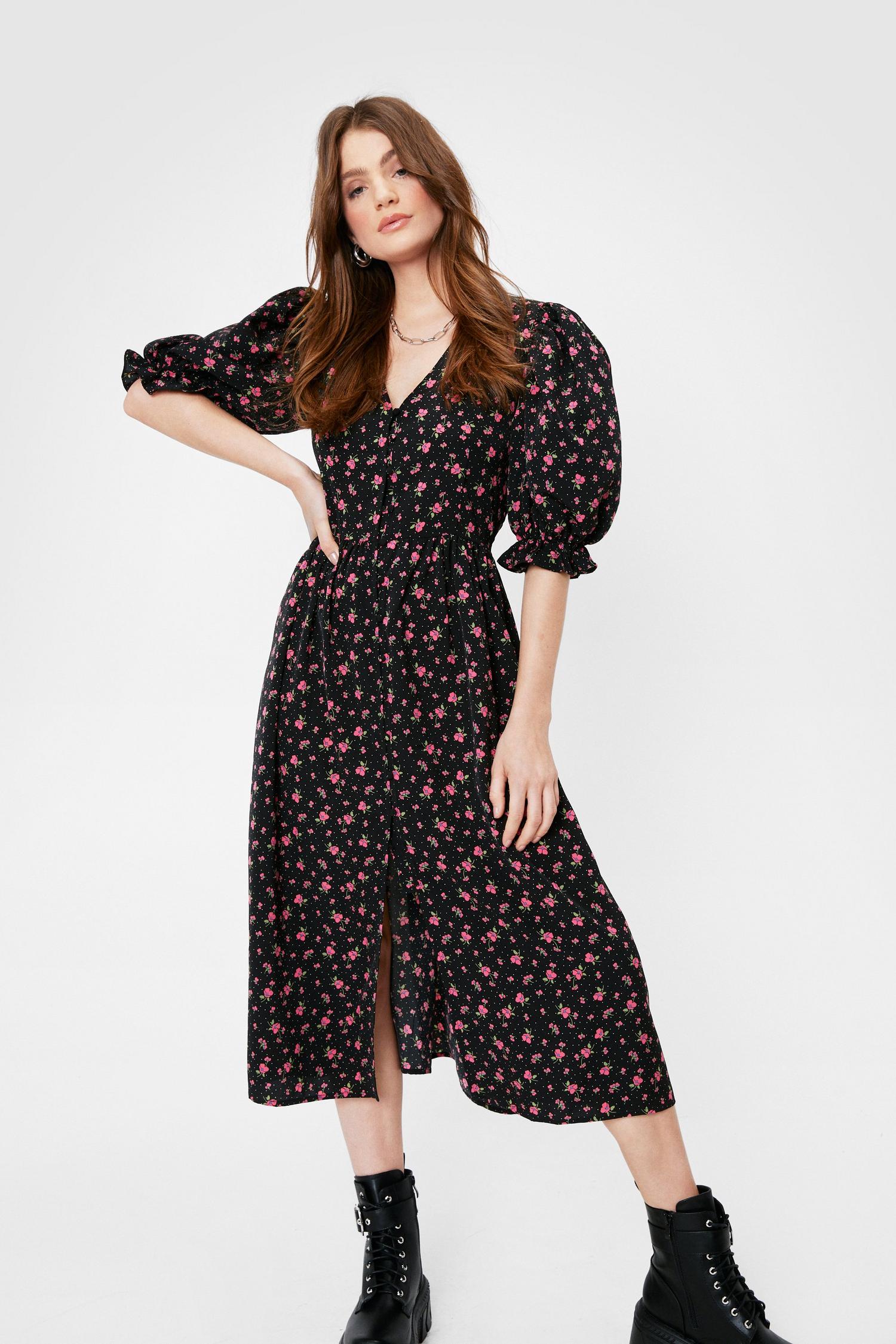 Puff Sleeve Relaxed Floral Midi Dress | Nasty Gal