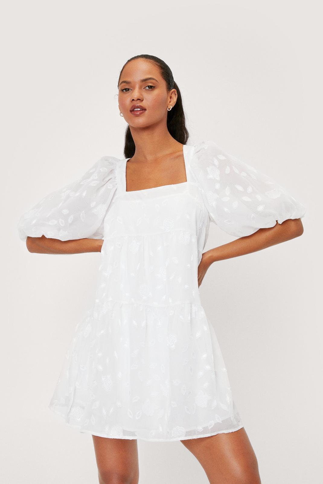 White Jacquard Square Neck Puff Sleeve Mini Dress image number 1
