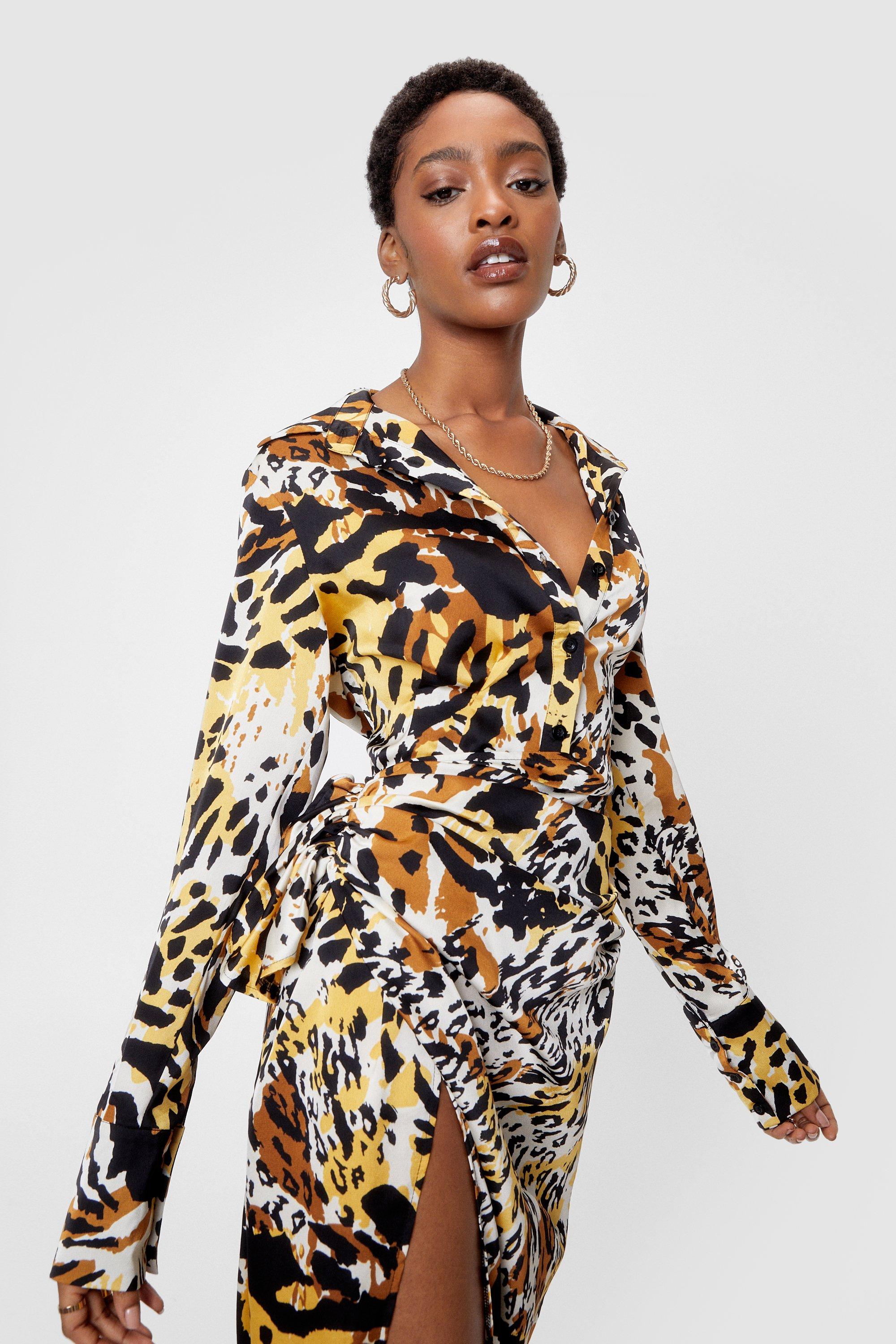 Animal Print V Neck Split Midi Dress Nasty Gal