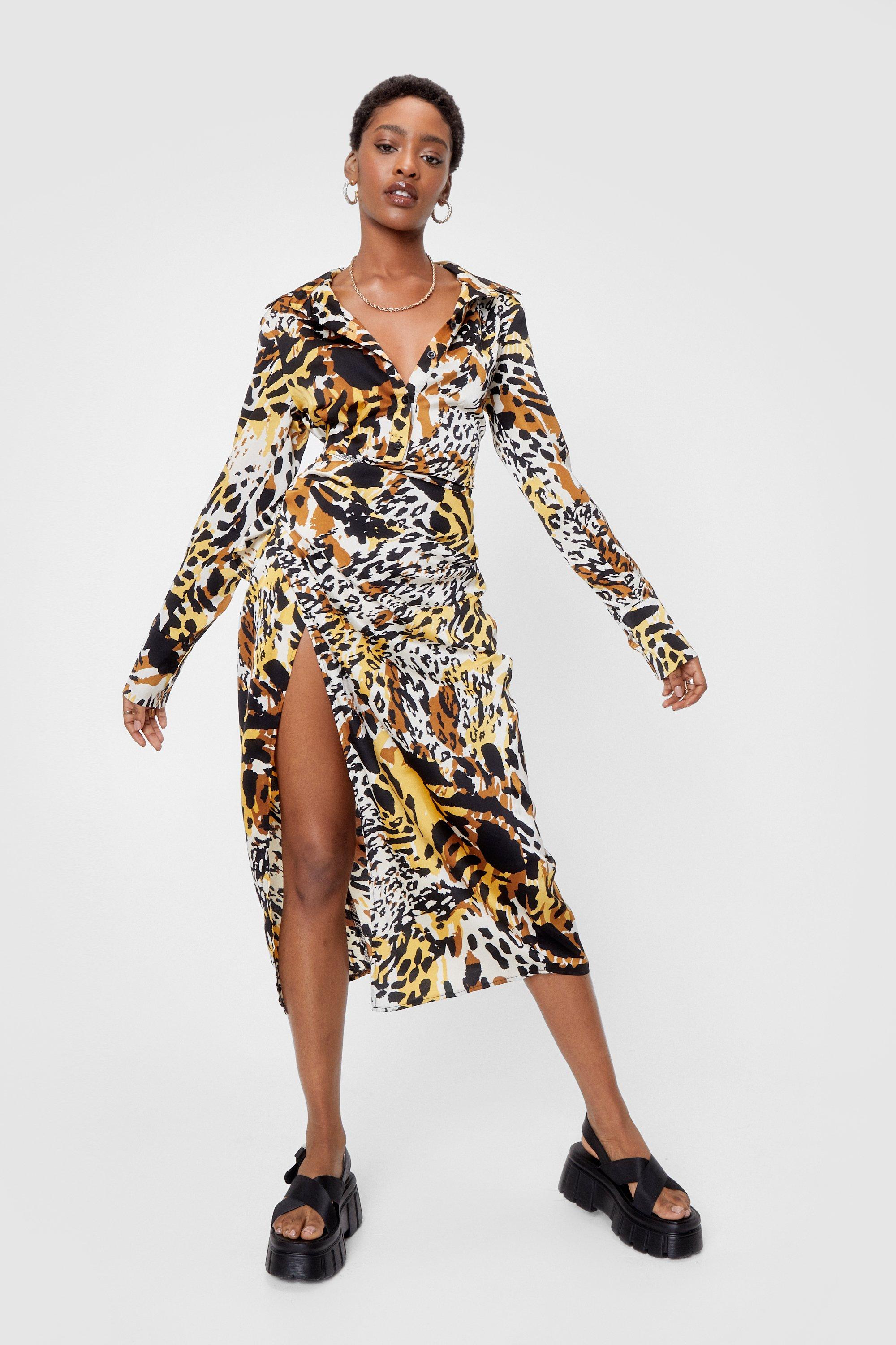 Leopard print split midi hot sale dress