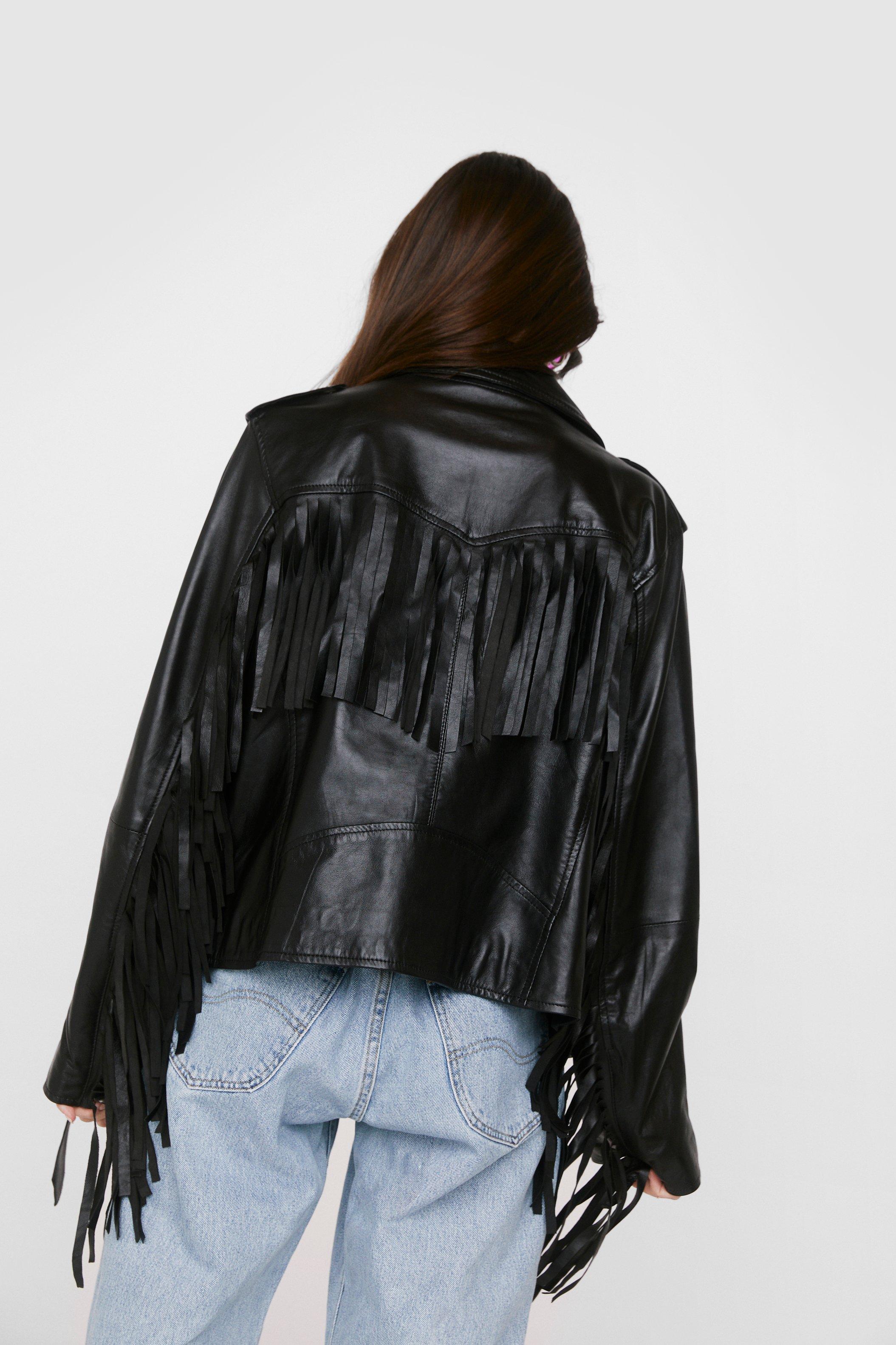 leather jacket with fringe sleeves