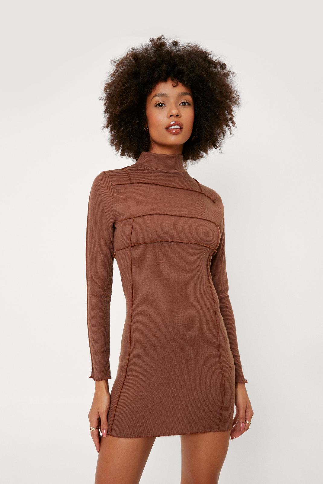 Chocolate Ribbed High Neck Bodycon Mini Dress image number 1
