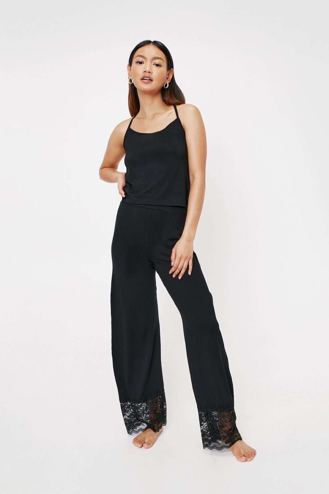 Petite - Pyjama débardeur & pantalon large taille haute avec dentelle, Black image number 1