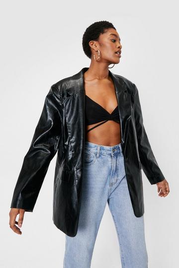 Black Oversized Button Down Faux Leather Blazer