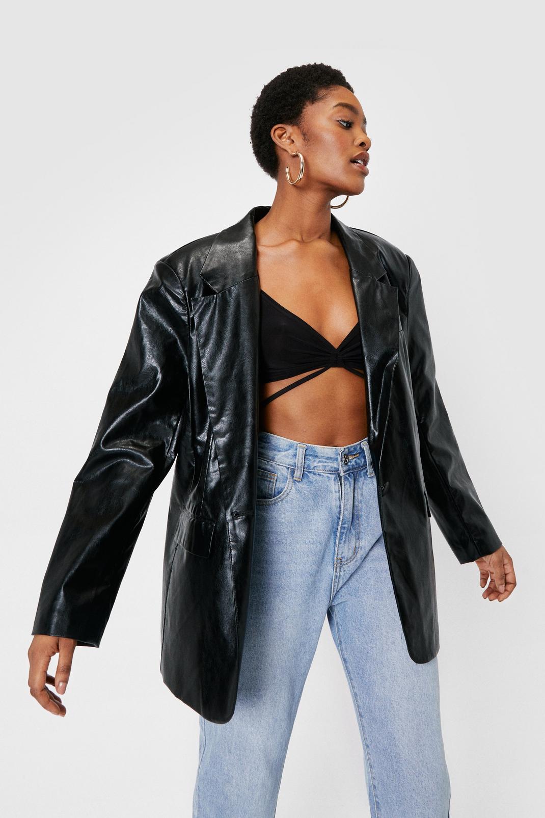 Black Oversized Button Down Faux Leather Blazer image number 1