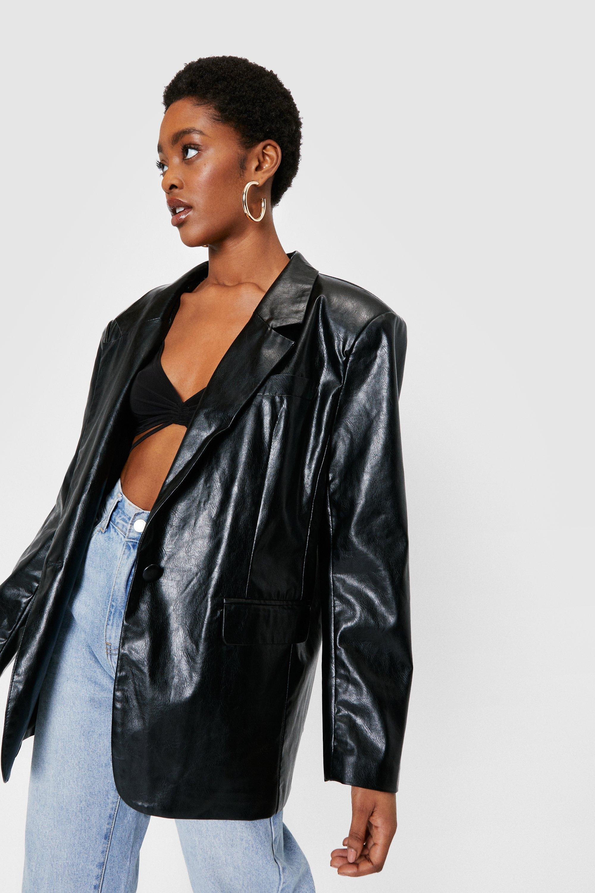 Petite Black Oversized Faux Leather Blazer