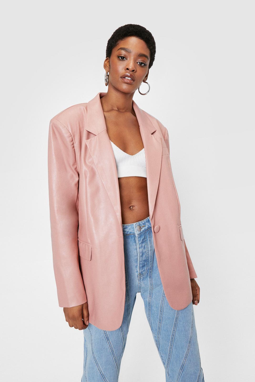 Pink Oversized Button Down Faux Leather Blazer image number 1