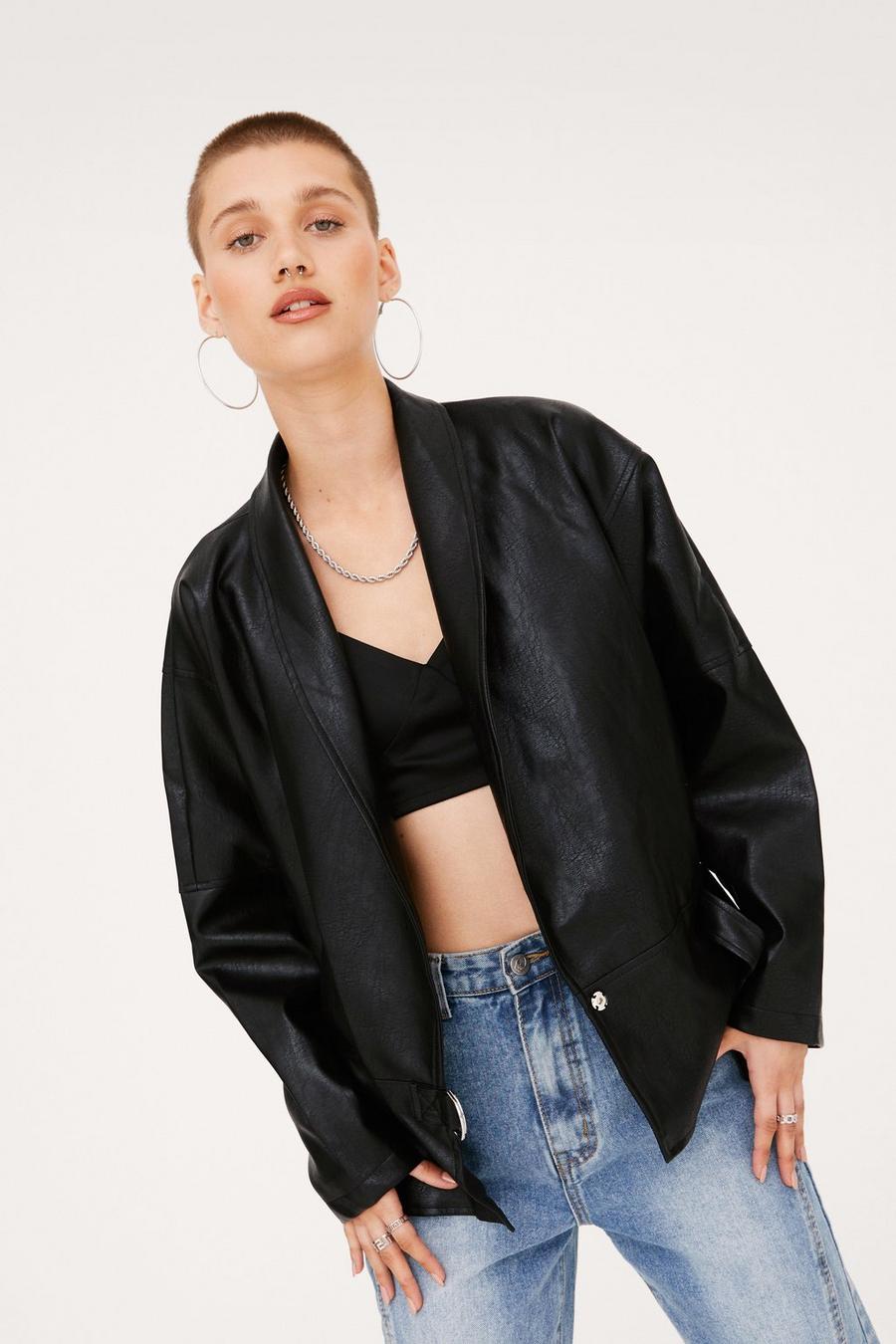 Drop Sleeve Faux Leather Belted Jacket