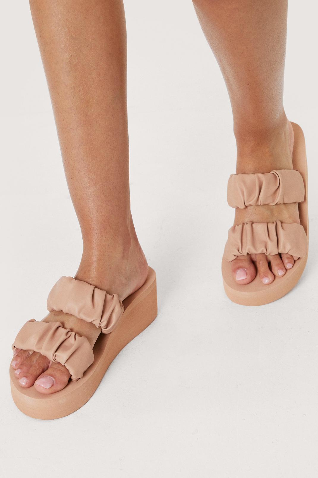 Nude Faux Leather Ruched Double Strap Wedges image number 1