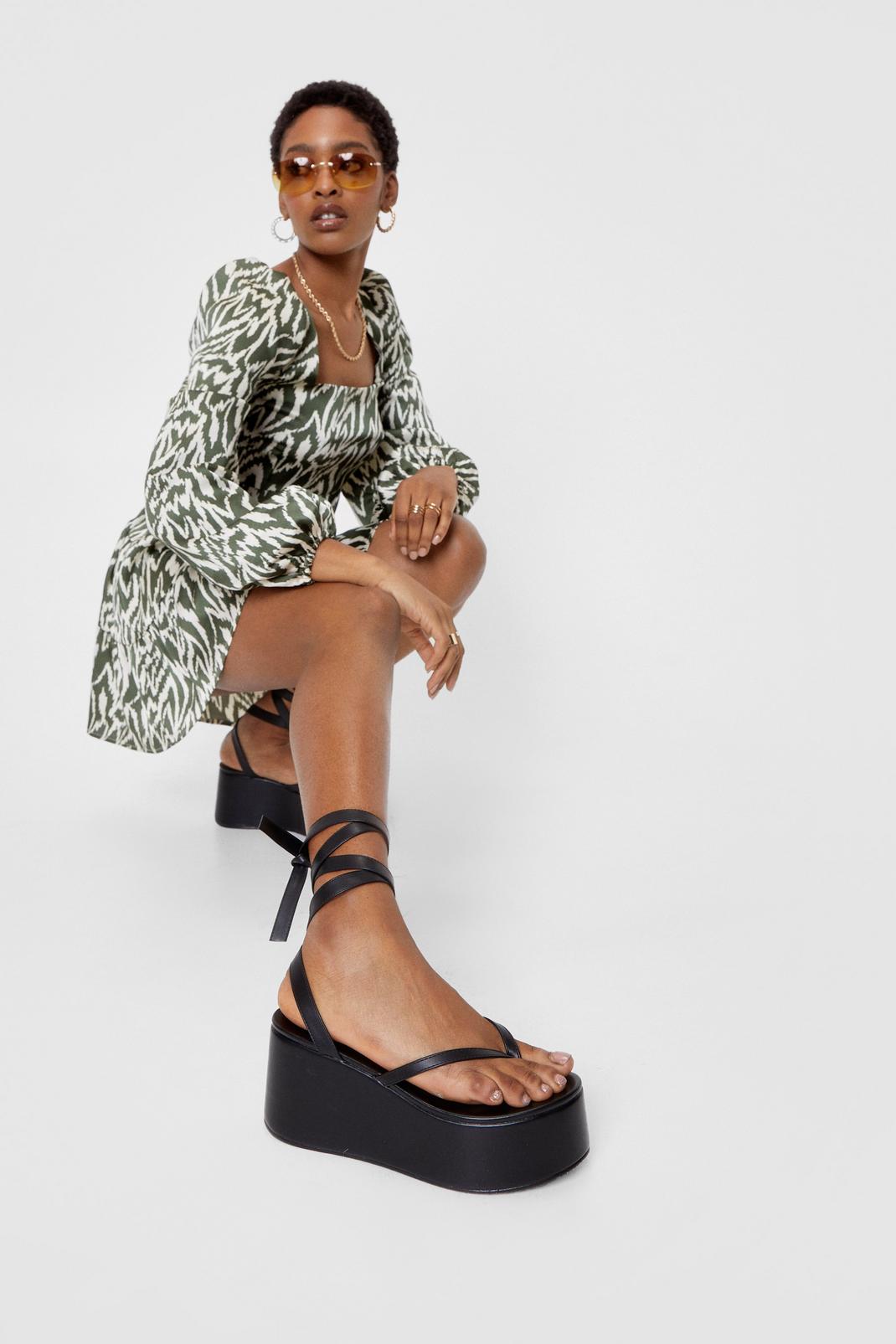 Black Faux Leather Toe Thong Tie Platform Sandals image number 1