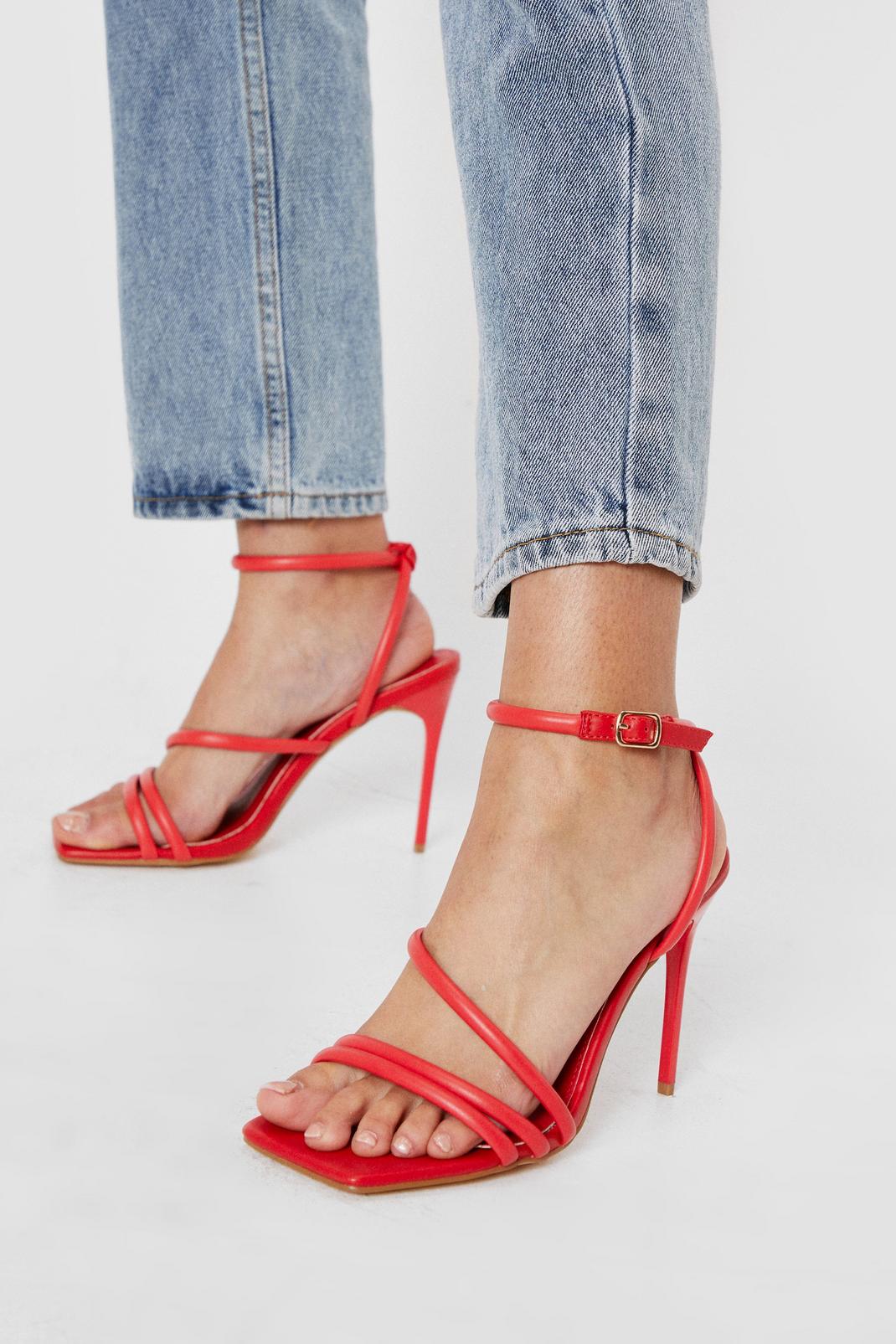 Red Skinny Strappy Square Toe Heeled Sandals image number 1