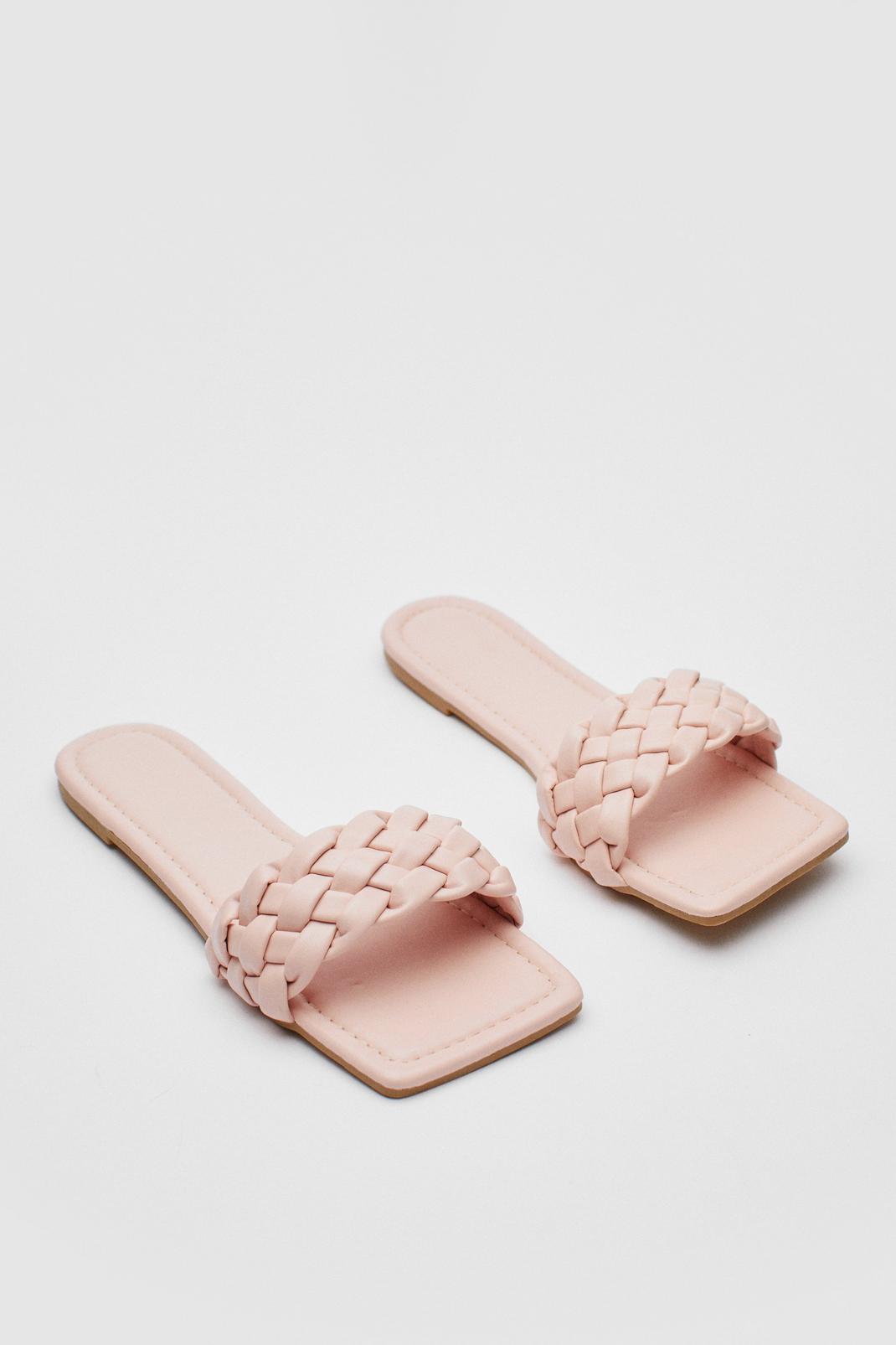 Pink Faux Leather Woven Square Toe Flat Mules image number 1