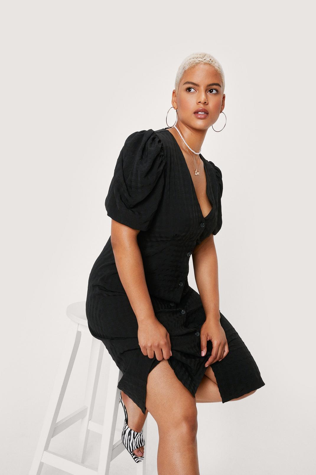 Black Plus Size V Neck Button Down Midi Dress image number 1