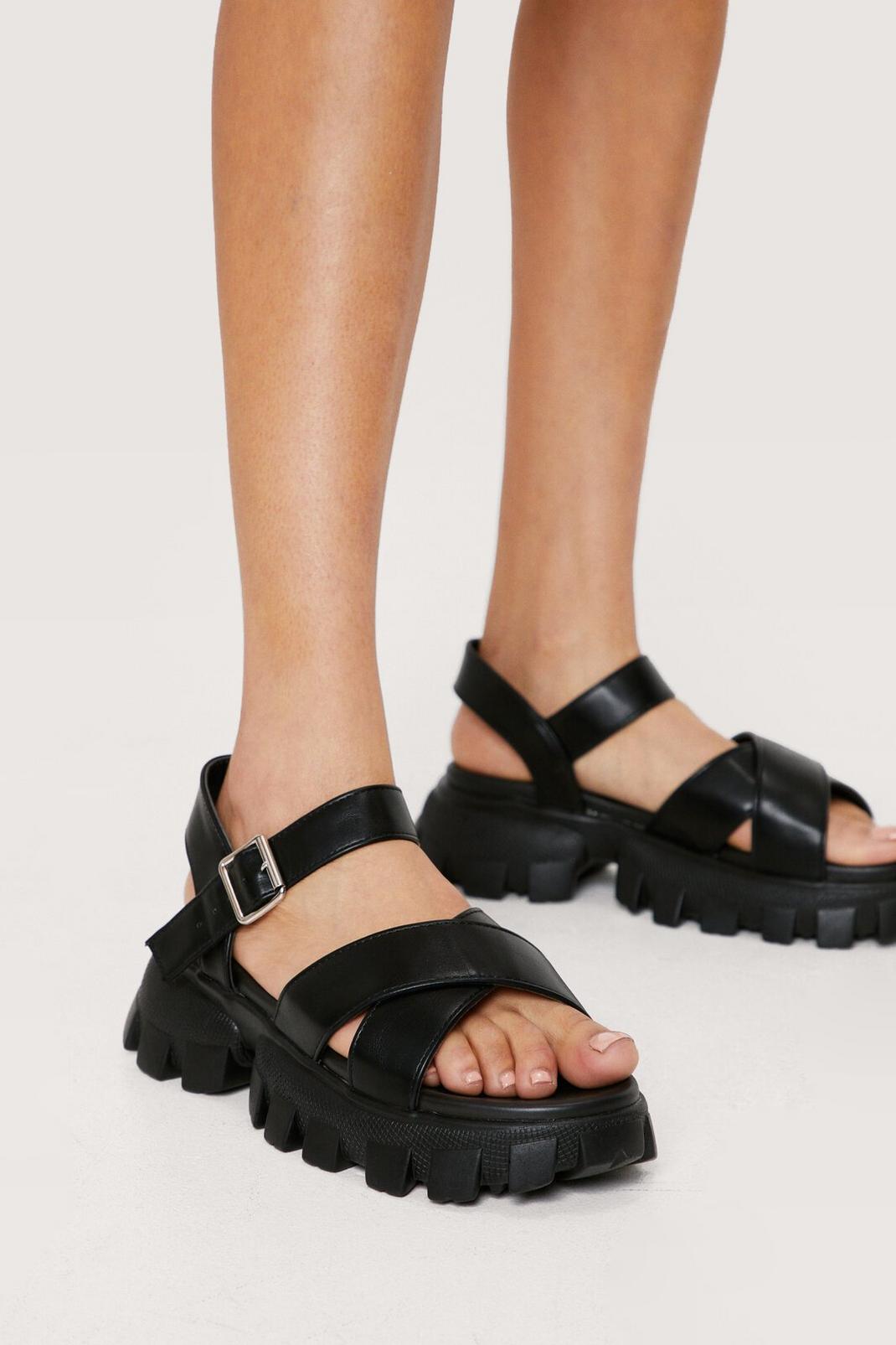 Black Faux Leather Cross Strap Chunky Sandals image number 1