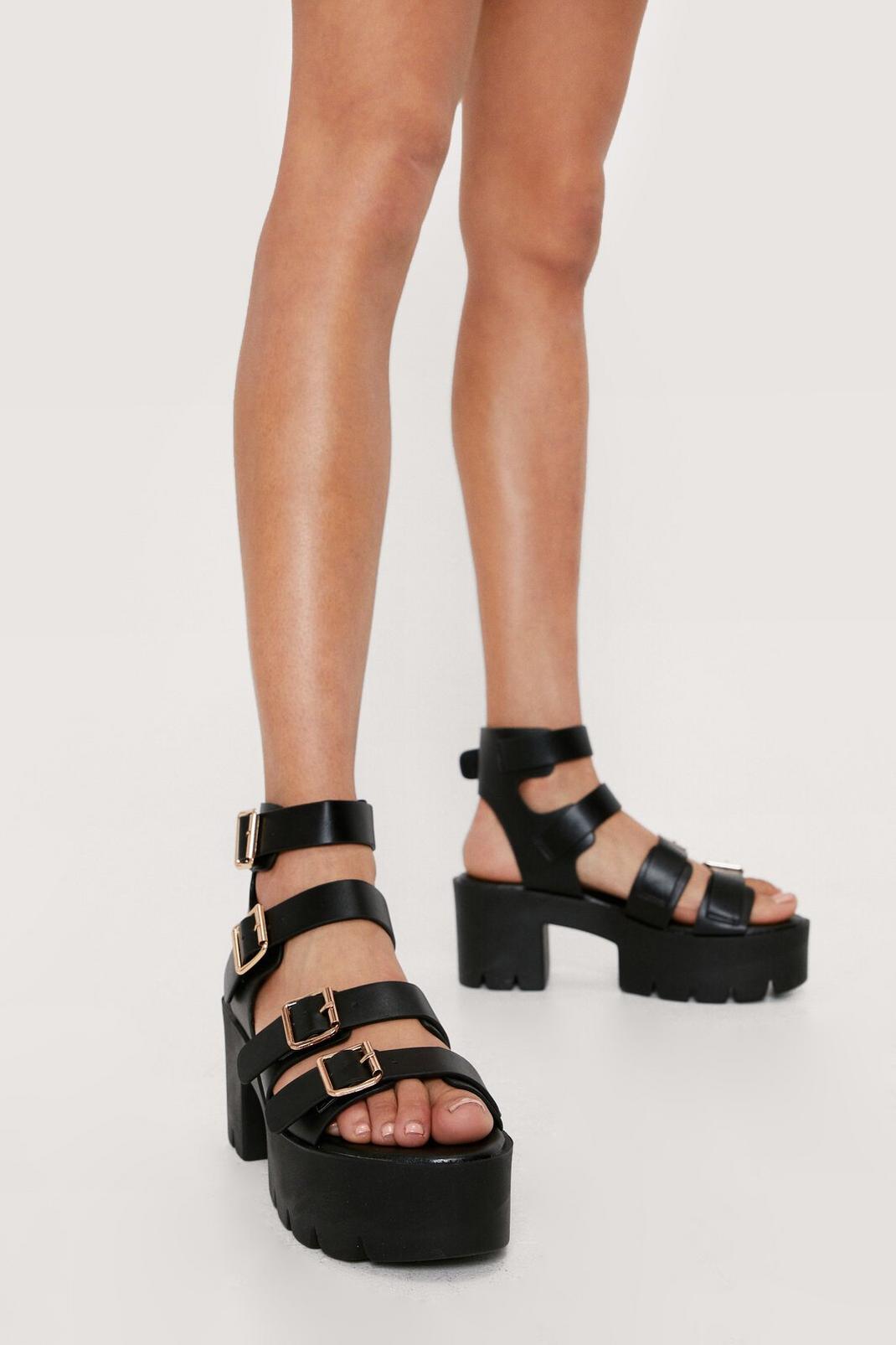 Black Faux Leather Multi Buckle Chunky Sandals image number 1