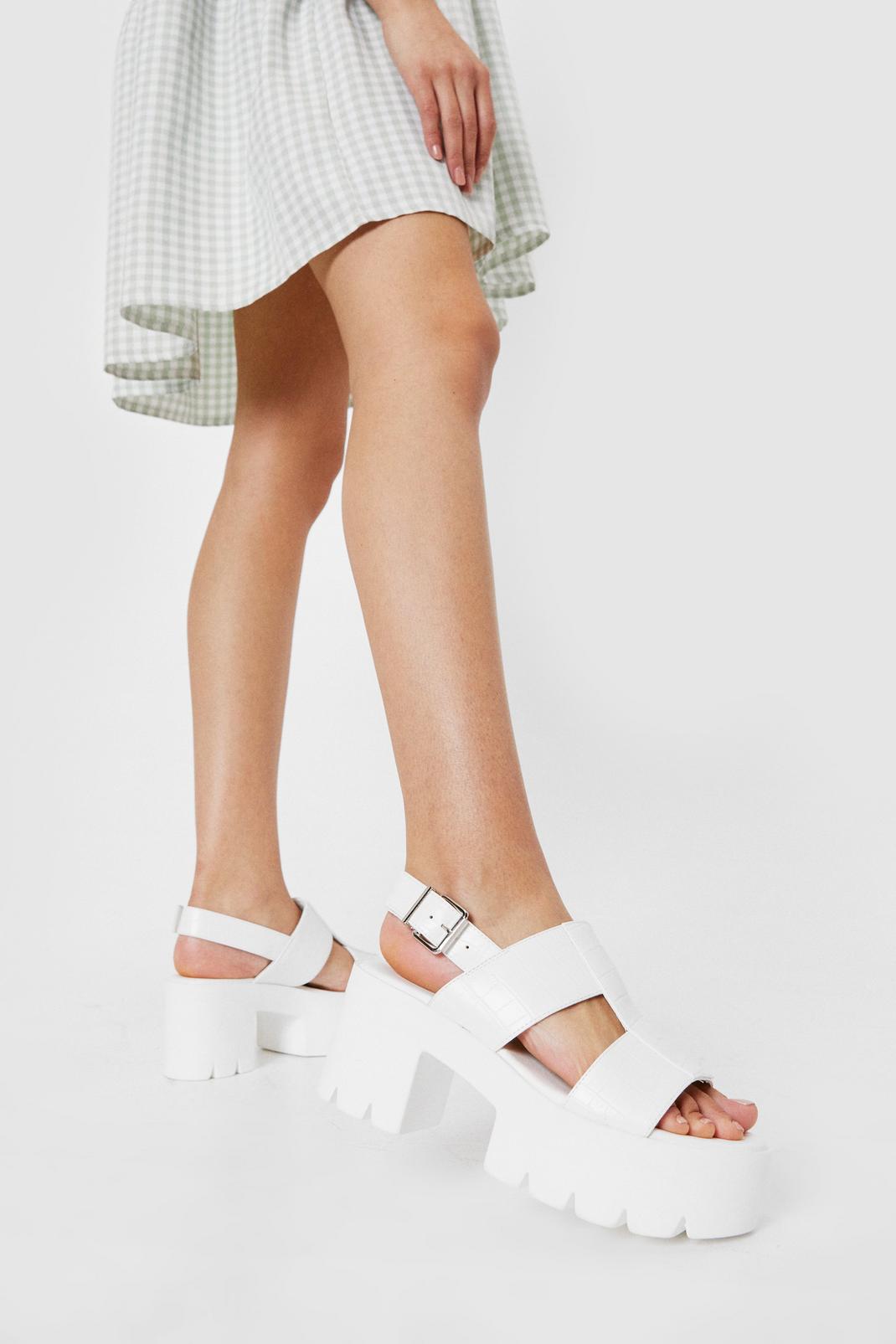 White Chunky Faux Leather Croc Cut Out Sandals image number 1