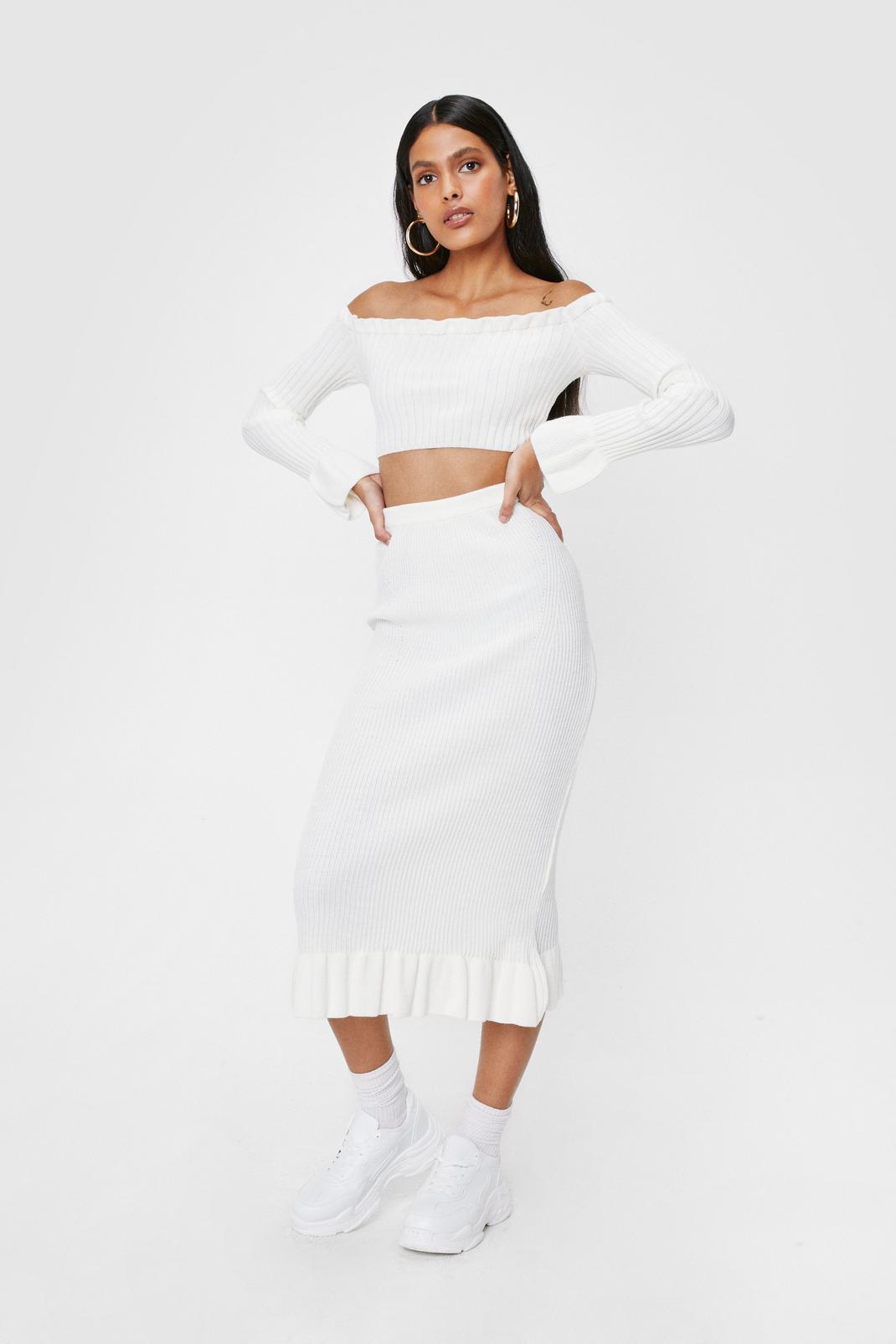 White Knitted Off the Shoulder Top and Midi Skirt Set image number 1
