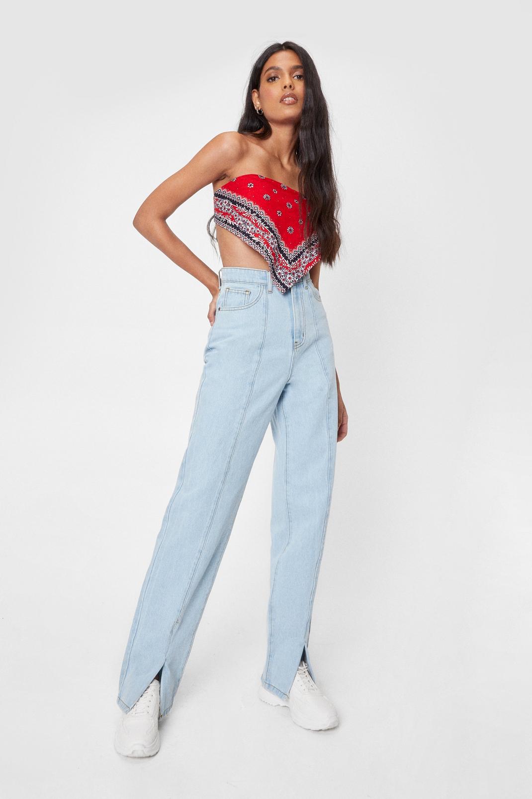 Bleach wash Seam Detail High Waisted Slit Straight Jeans image number 1