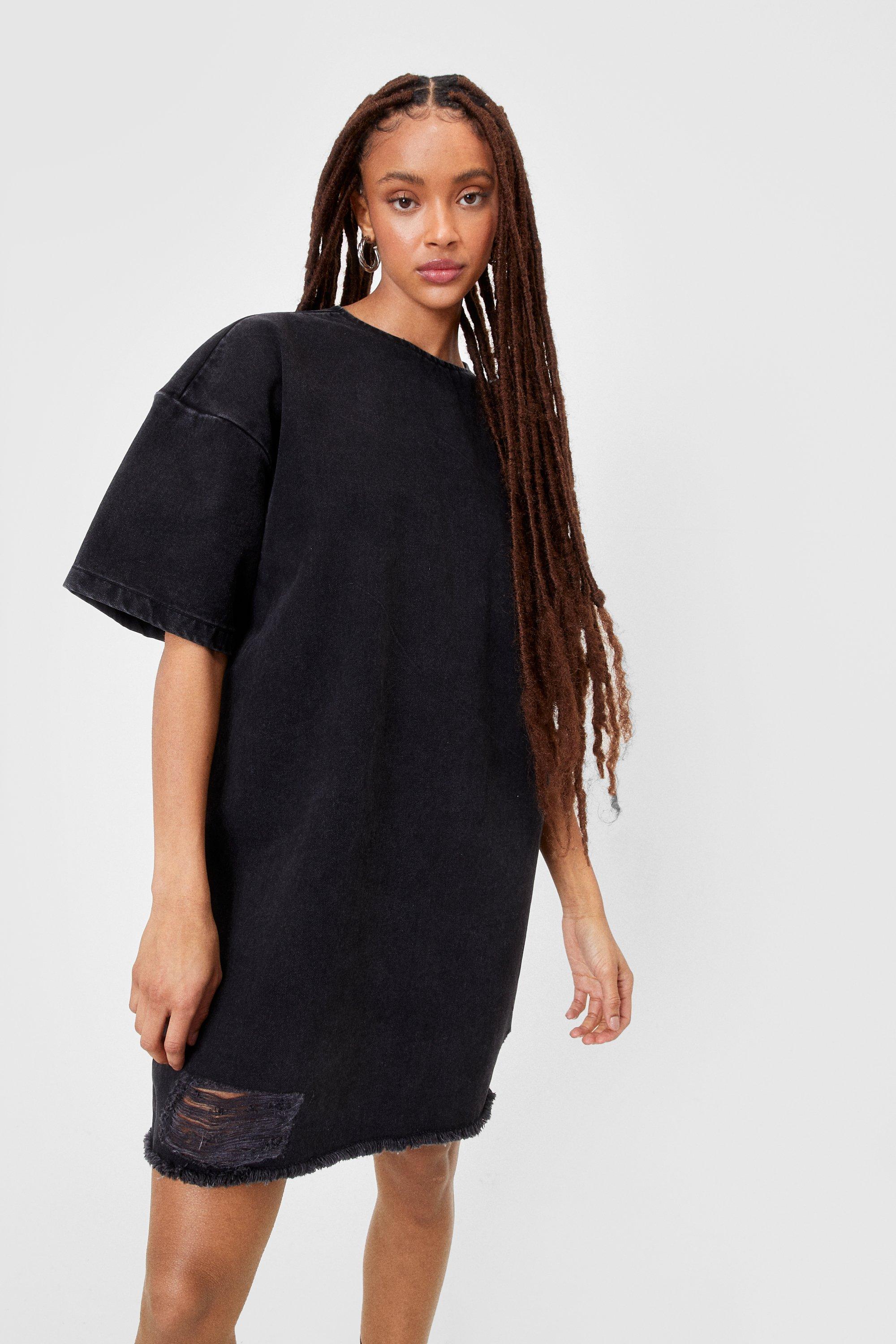 Oversized Denim Distressed T-shirt Dress