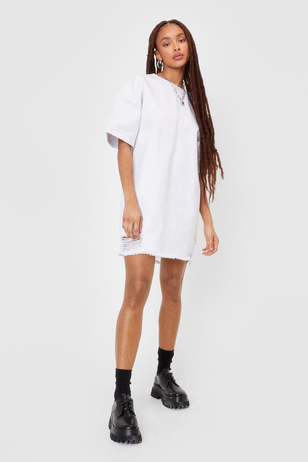 White Oversized Denim Distressed T-shirt Dress image number 1