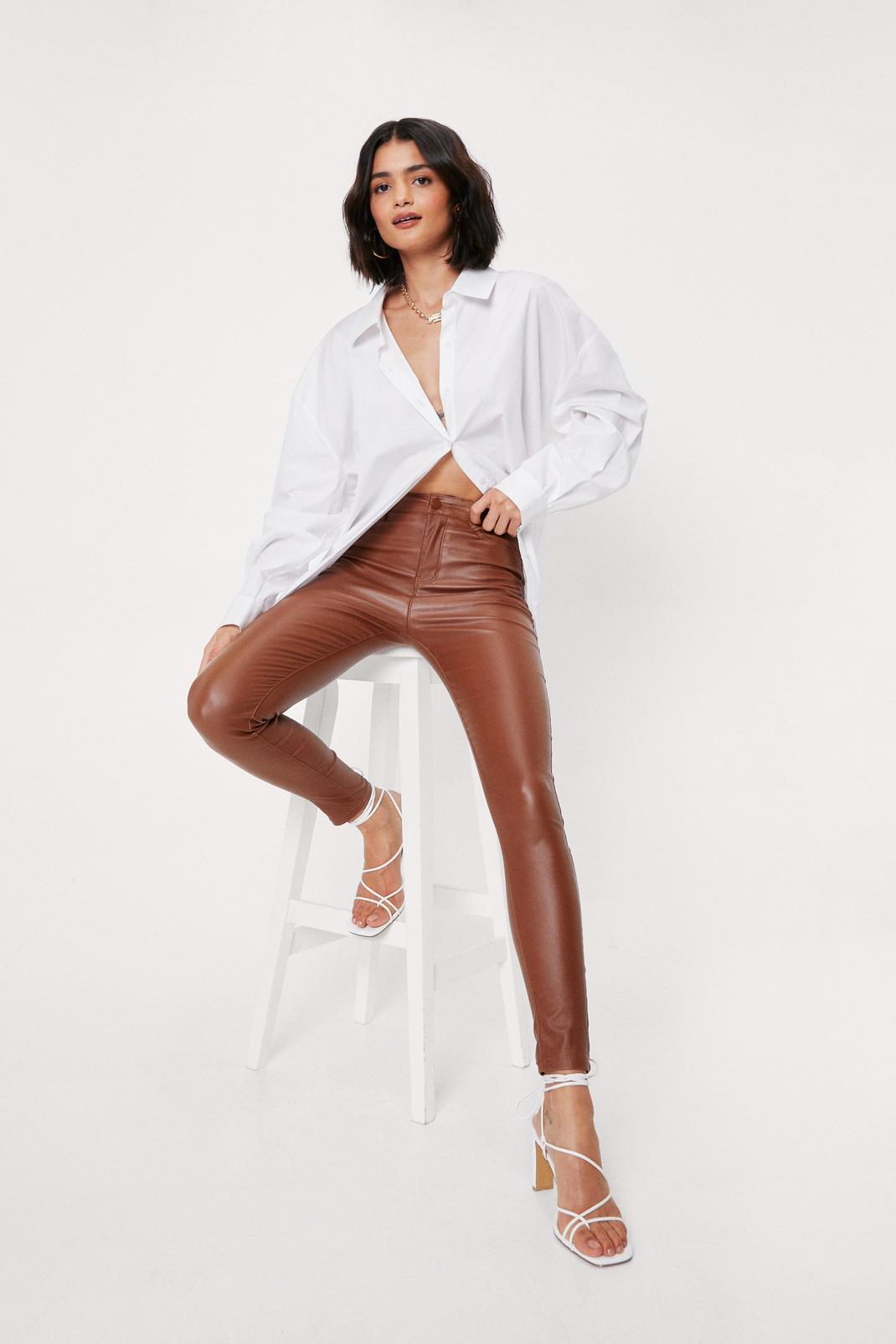 Tan Faux Leather High Waisted Skinny Trousers image number 1