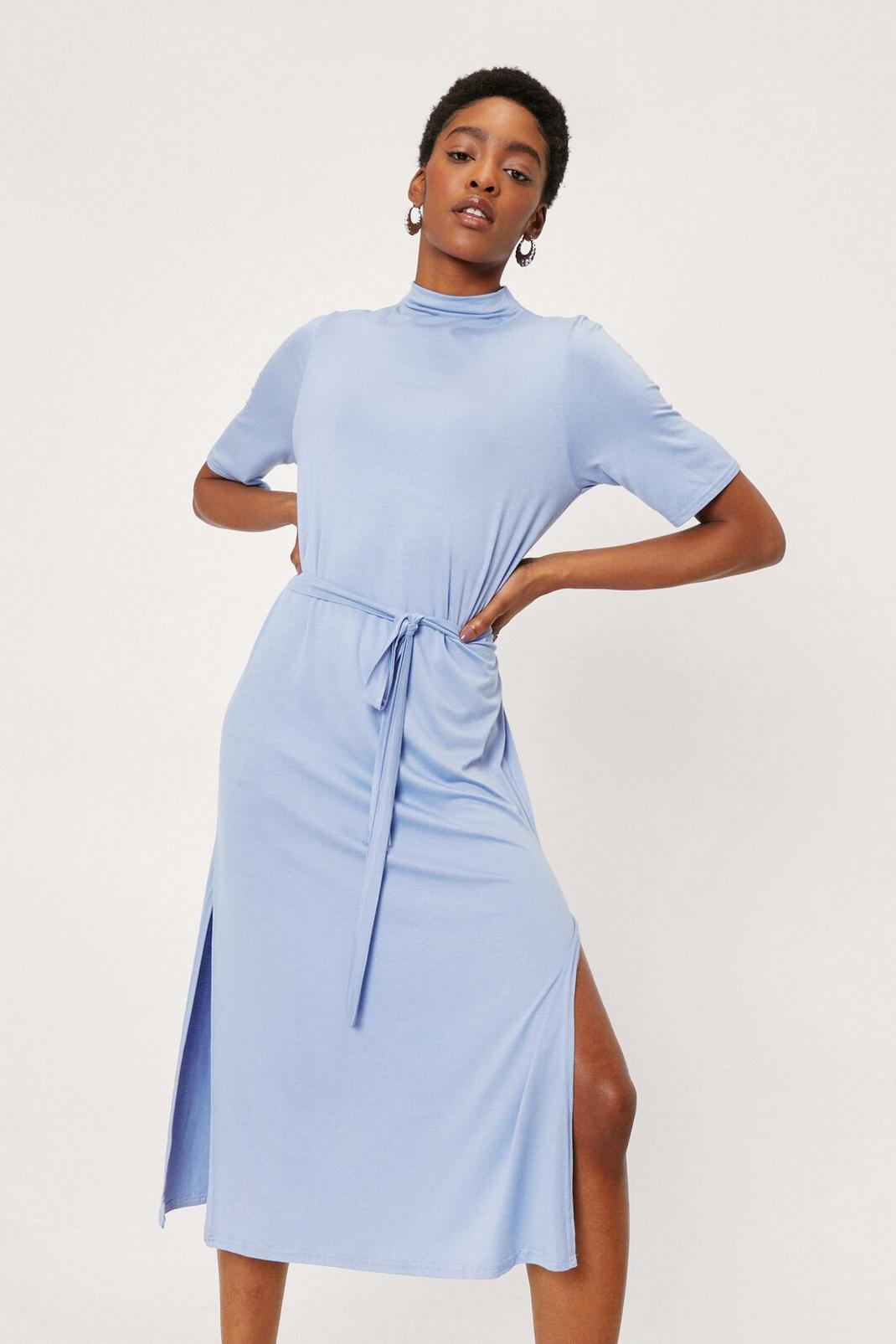 Baby blue Belted Short Sleeve Midi Dress image number 1