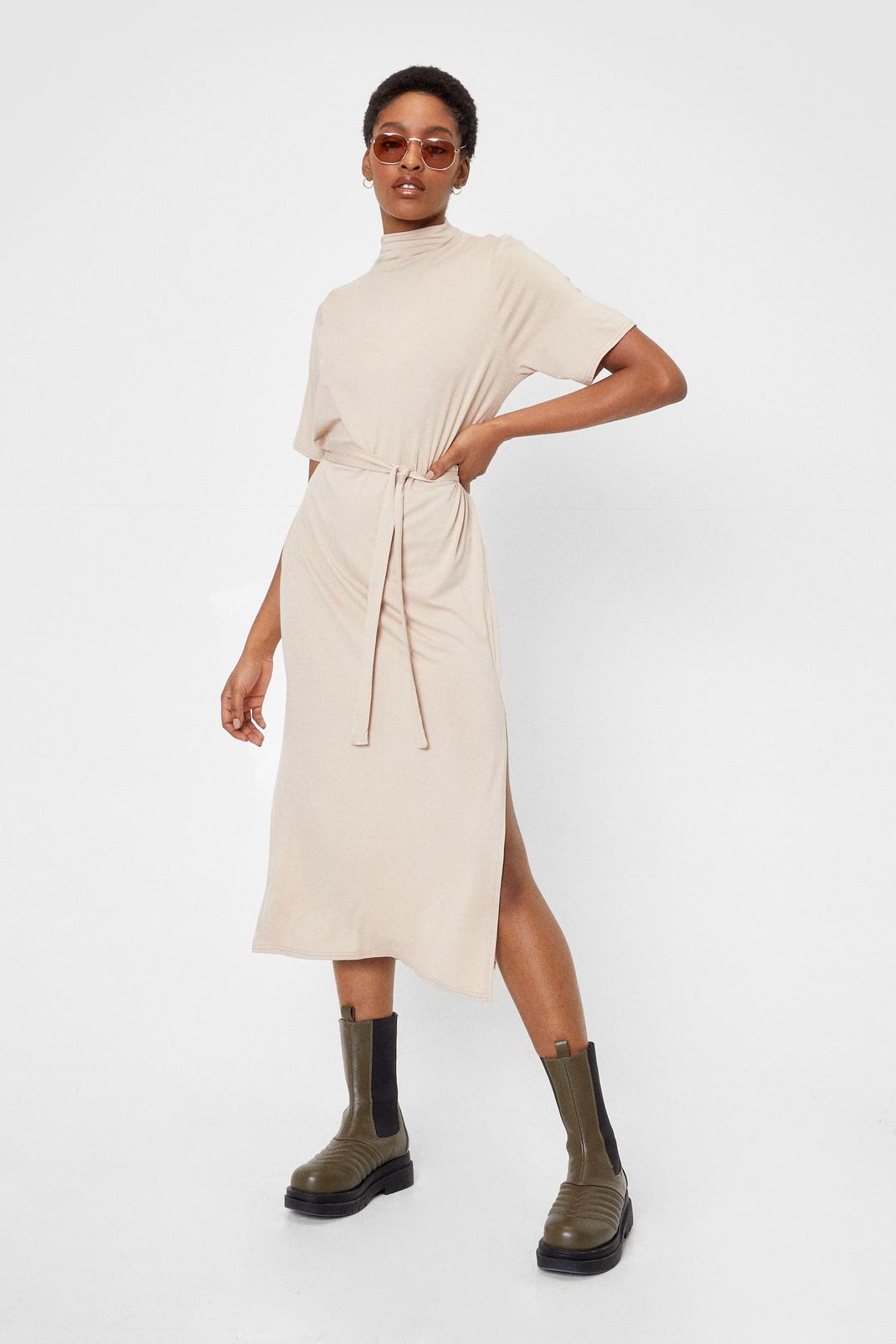 Sand Belted Short Sleeve Midi Dress image number 1